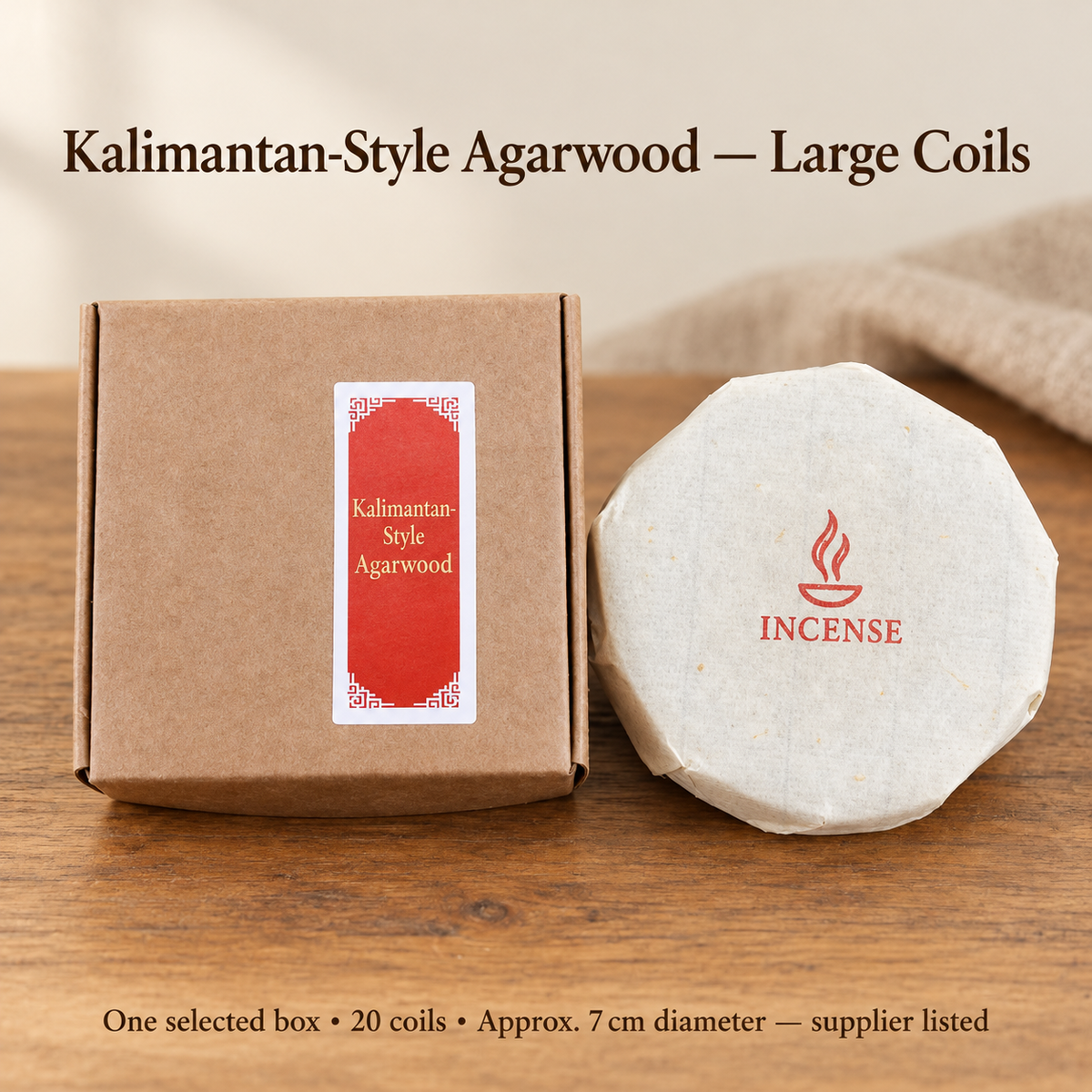 Kalimantan-Style Agarwood Large20coil selected box; closed outer and paper wrapped inner shown