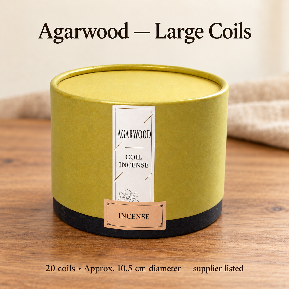 Agarwood large coil incense in original gold-and-black canister, 20 coils