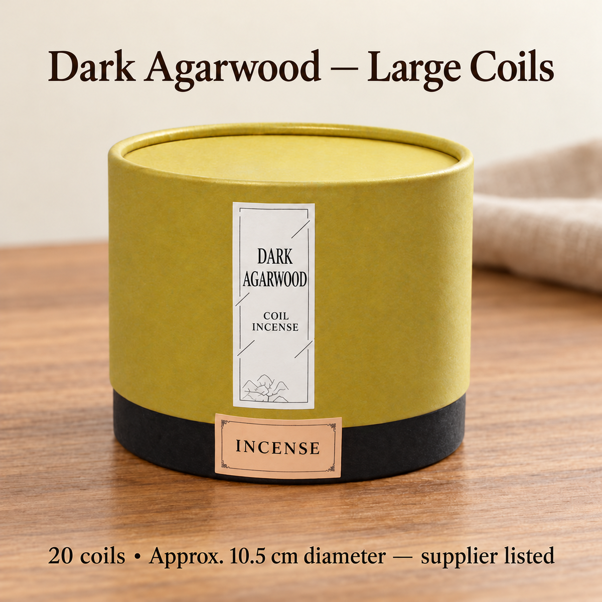 Dark Agarwood large coil incense in original gold-and-black canister, 20 coils