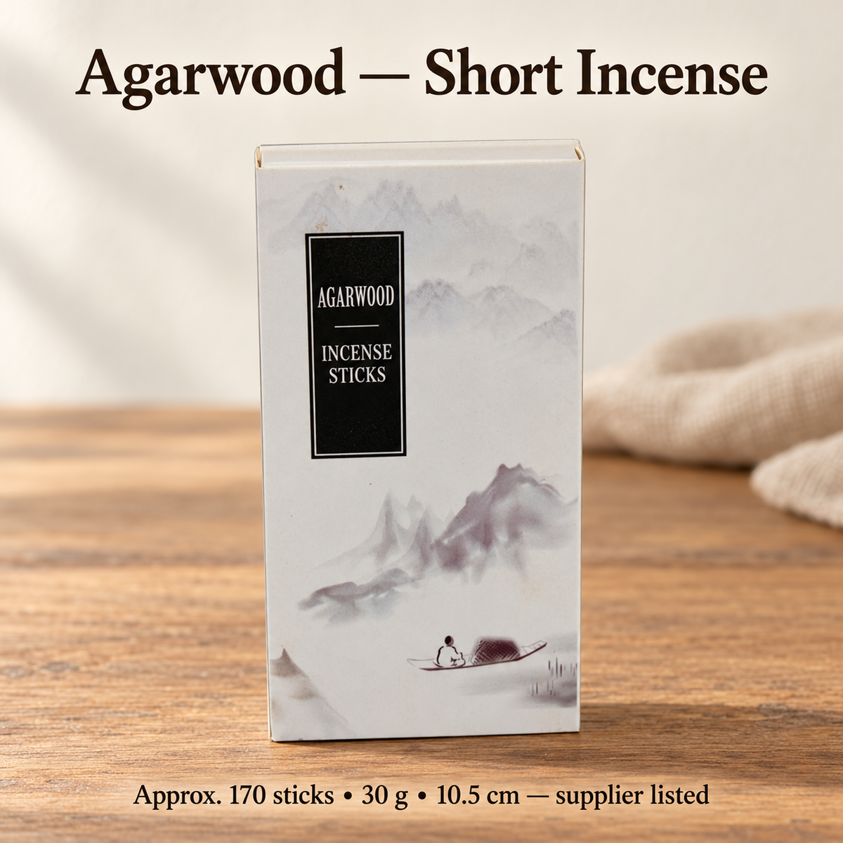 Agarwood short incense in original landscape-art box, approximately 170 sticks and 30 g