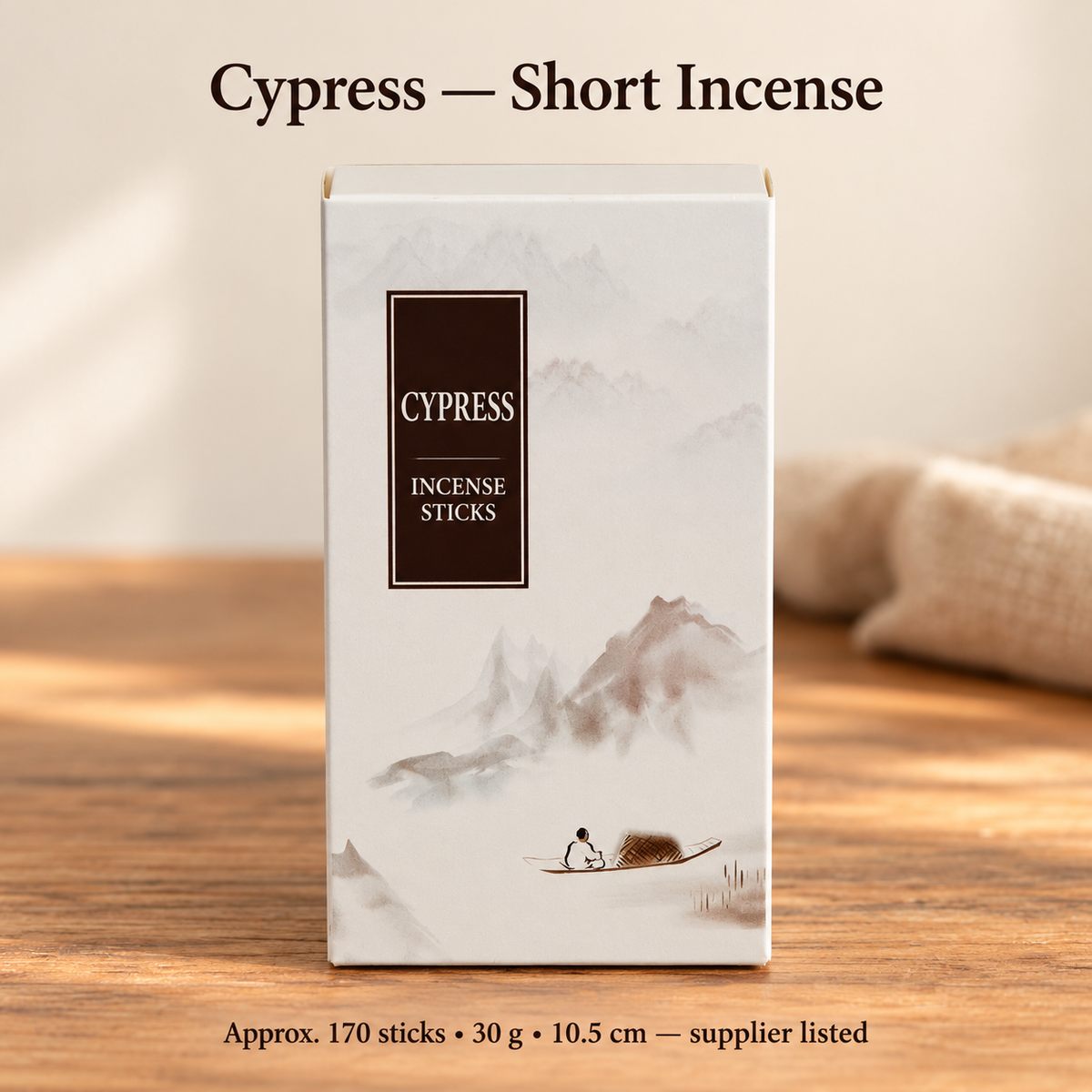 Cypress short incense in original landscape-art box, approximately 170 sticks and 30 g