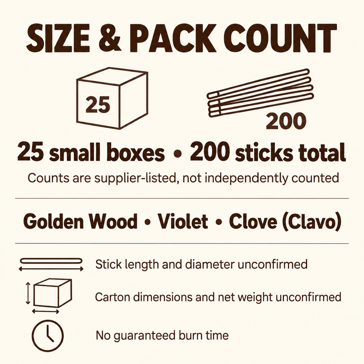 RAJ Incense Sticks — Golden Wood, Violet & Clove, 25-Box Cartons — size