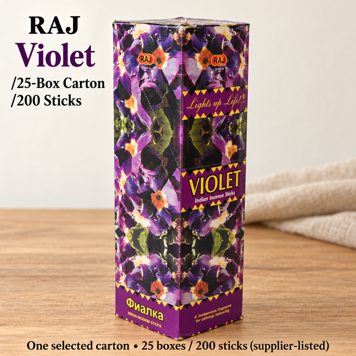 RAJ Incense Sticks — Golden Wood, Violet & Clove, 25-Box Cartons — variant-11