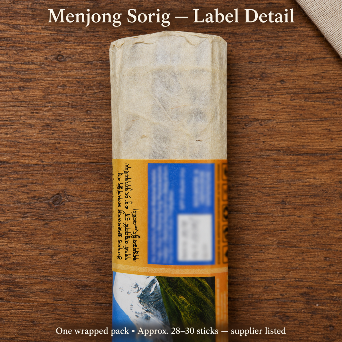 Menjong Sorig — original visible cream-paper label detail; tiny batch, date, expiry and unverified fine print defocused