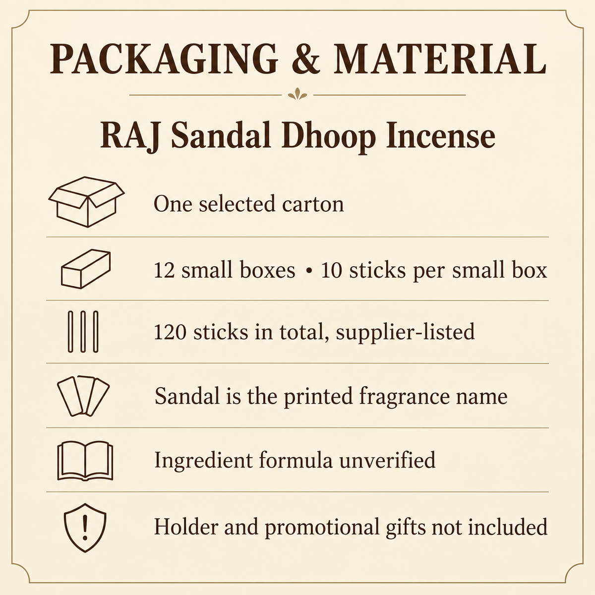 RAJ Sandal Dhoop Incense — Carton of 12 Small Boxes — pack