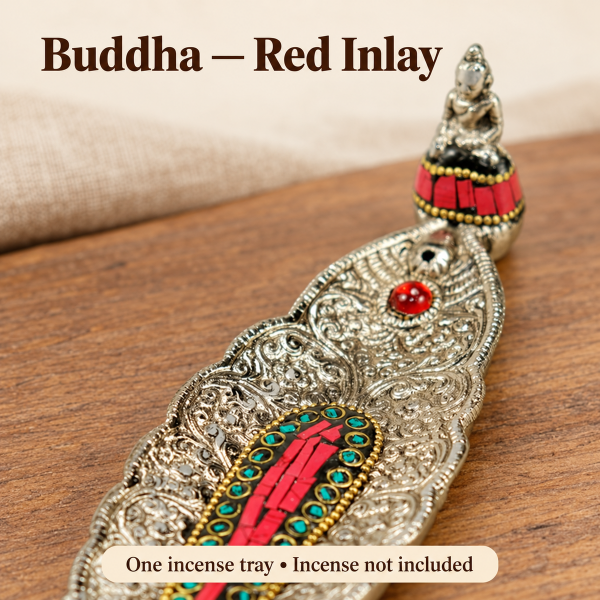 Decorative Alloy Incense Trays — Elephant, Buddha & Ganesha, Red or Green Inlay — variant-02