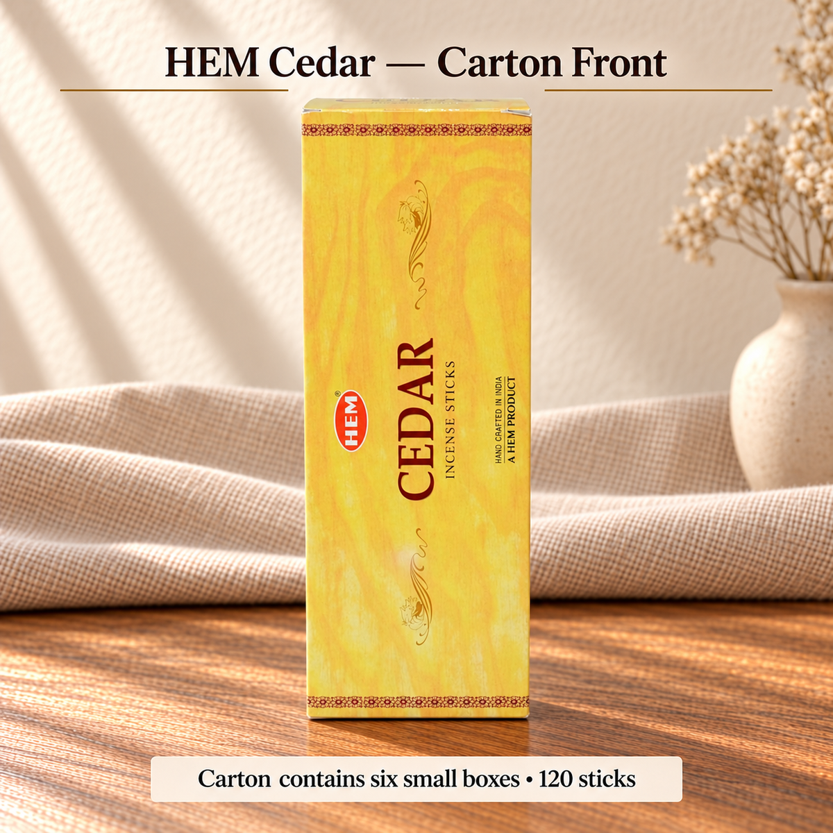TB638221290504 | HEM Cedar — Carton Front | Carton contains six small boxes •120 sticks
