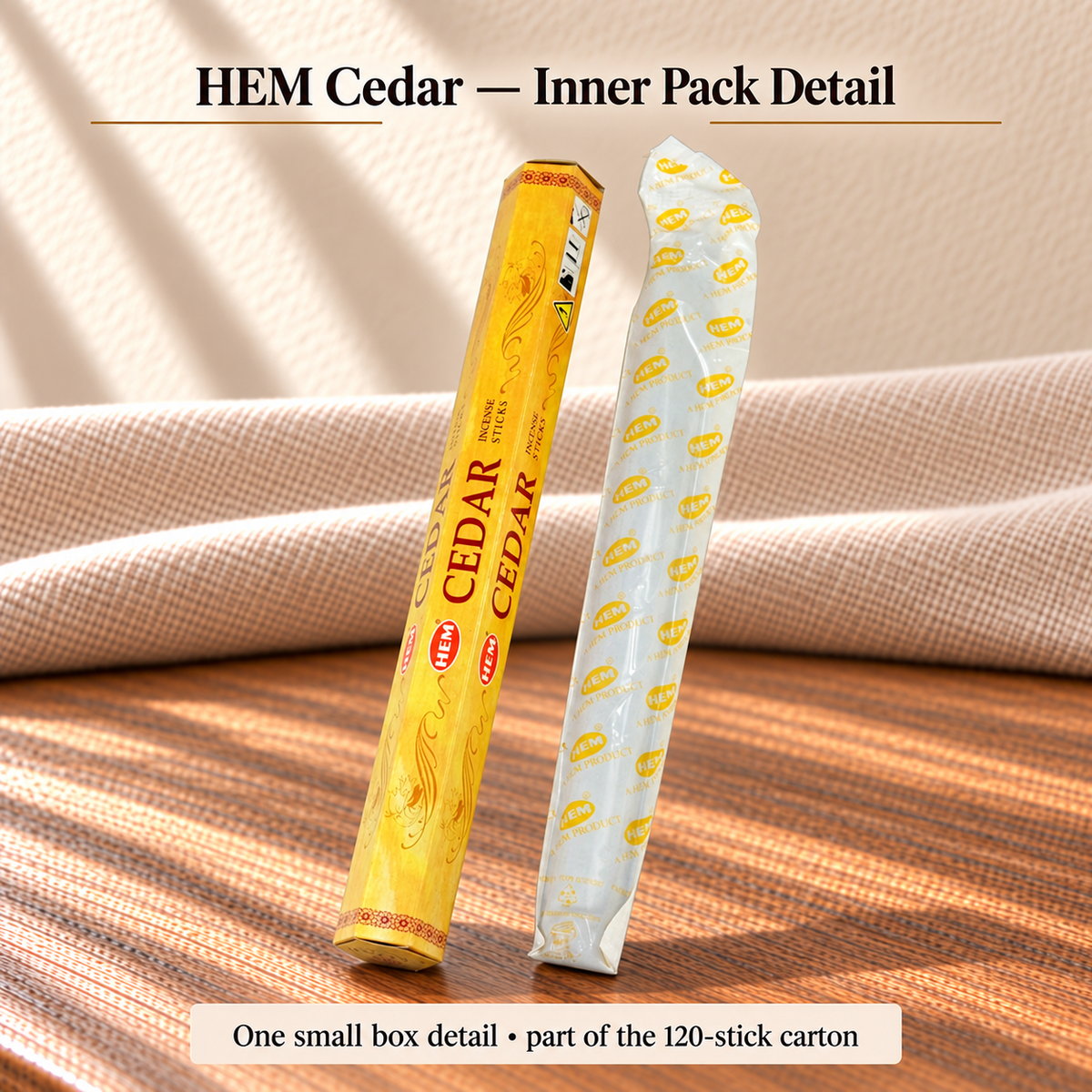 TB638221290504 | HEM Cedar — Inner Pack Detail | One small box detail • part of the 120-stick carton