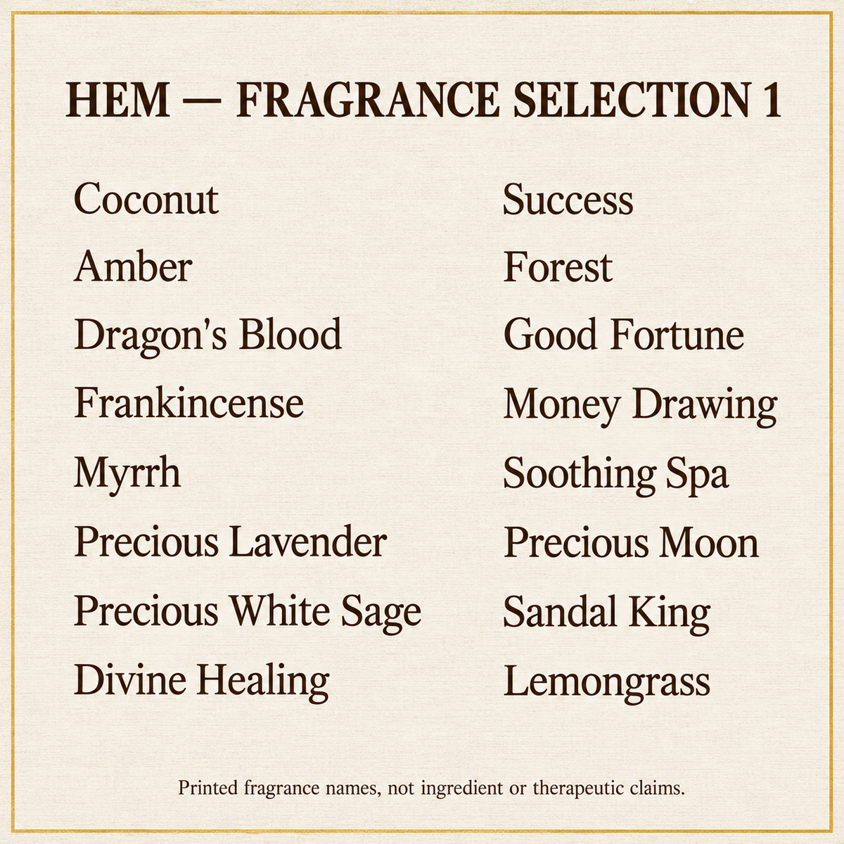 HEM printed fragrance names 1 | English information guide