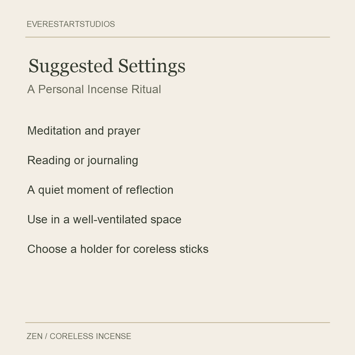 ZEN Short Coreless Incense — Suggested Settings