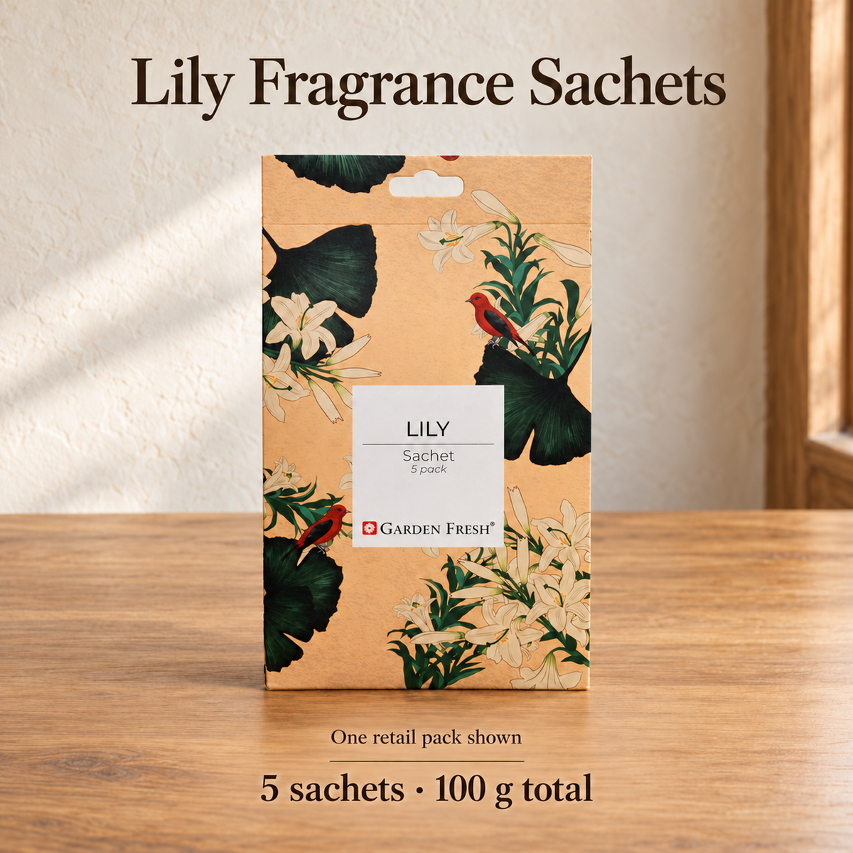 Garden Fresh Lily, one retail pack contains five fragrance sachets, 100 g total