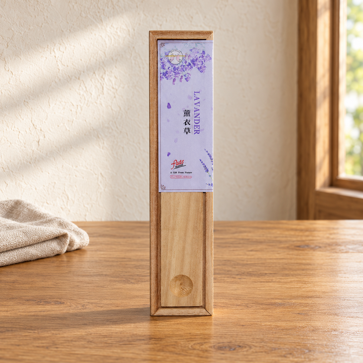 Flute Lavender incense in original wooden sliding-lid box