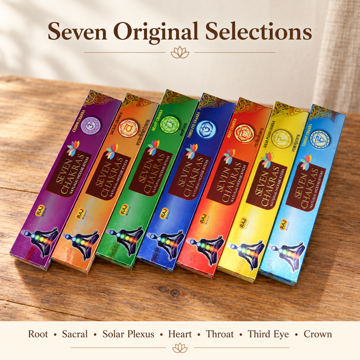 RAJ Seven Chakras Incense Set — Seven Boxes, 105 Sticks | product-05