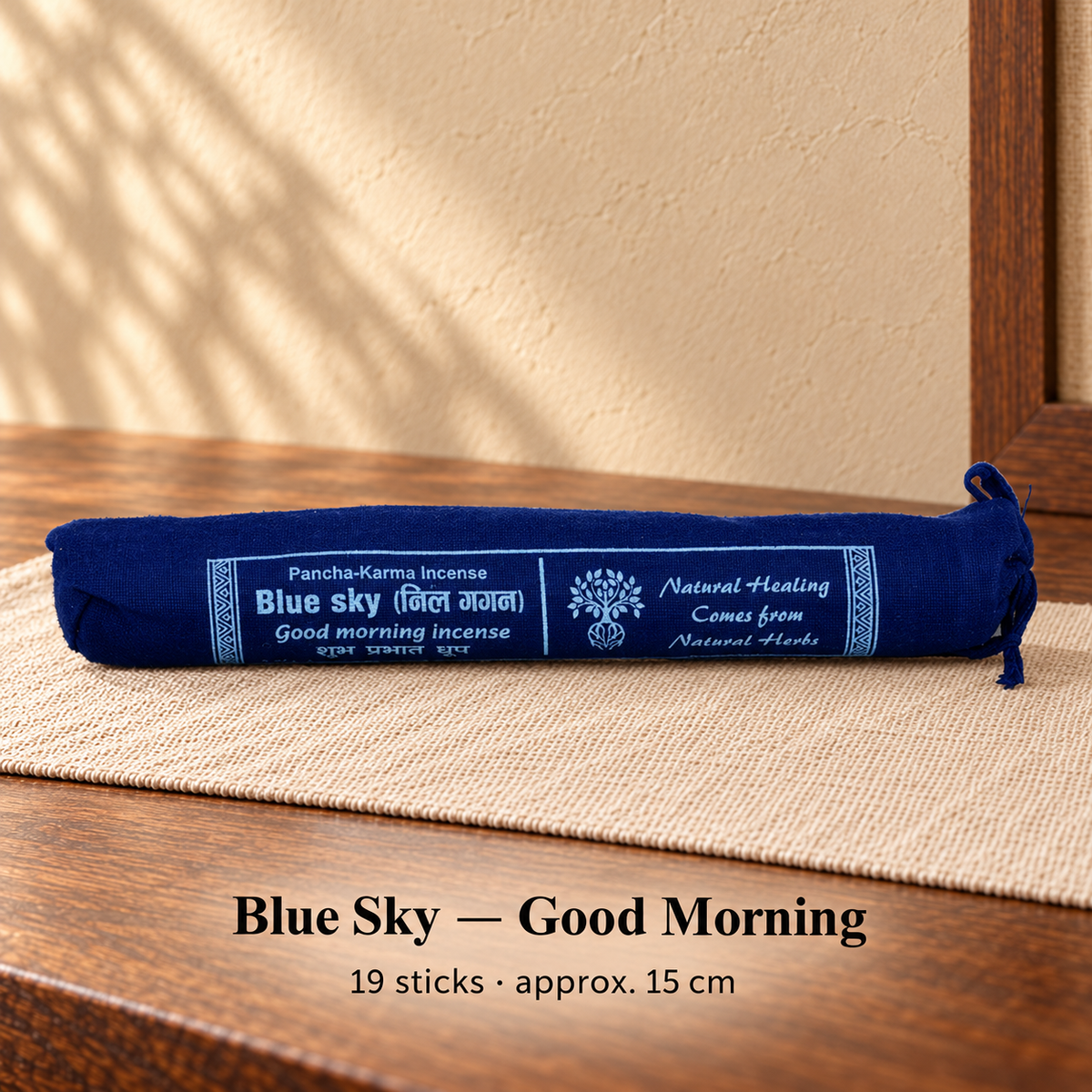 Blue Sky — Good Morning — cloth-wrapped incense bundle, 19 sticks