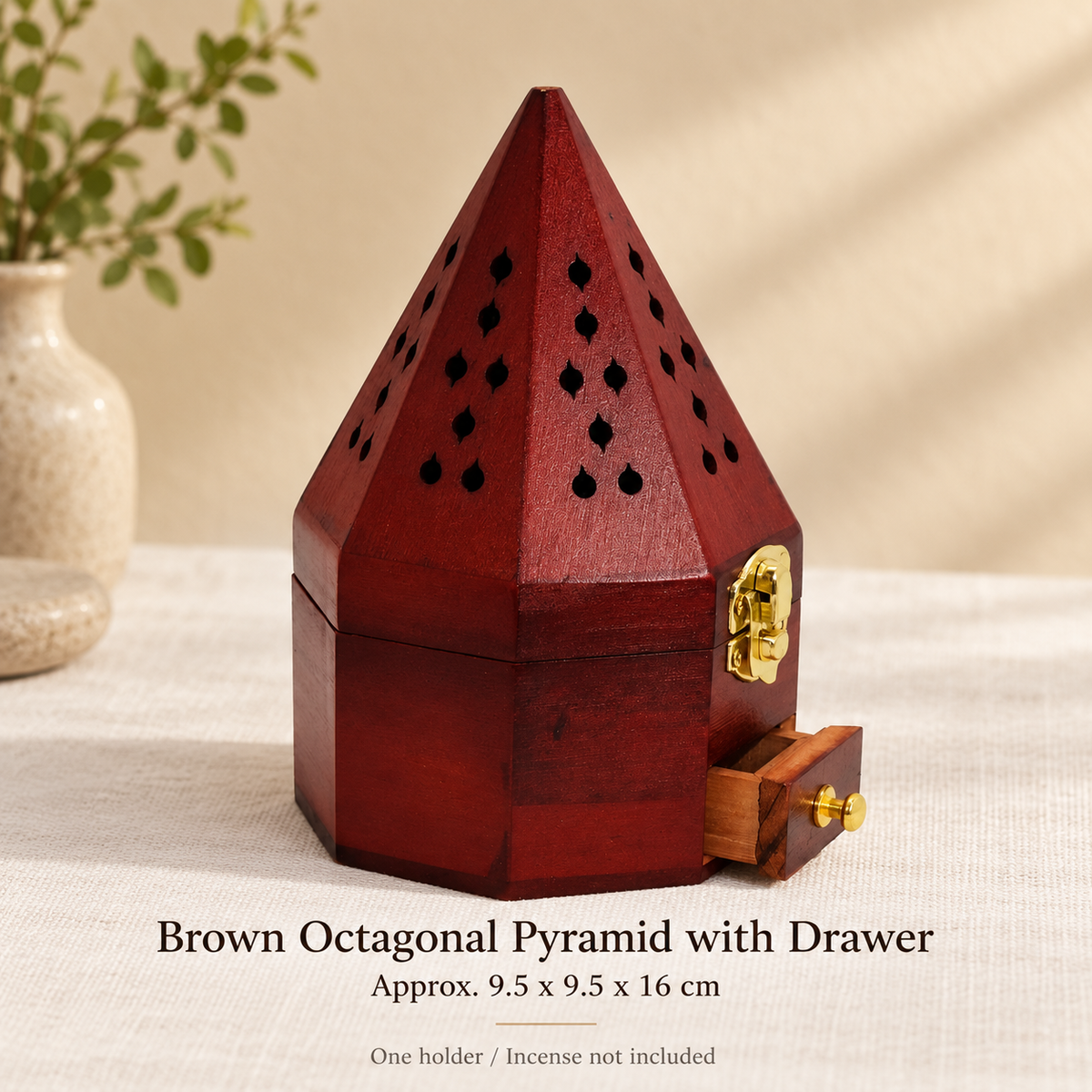 Brown Octagonal Pyramid with Drawer — Approx. 9.5 x 9.5 x 16 cm