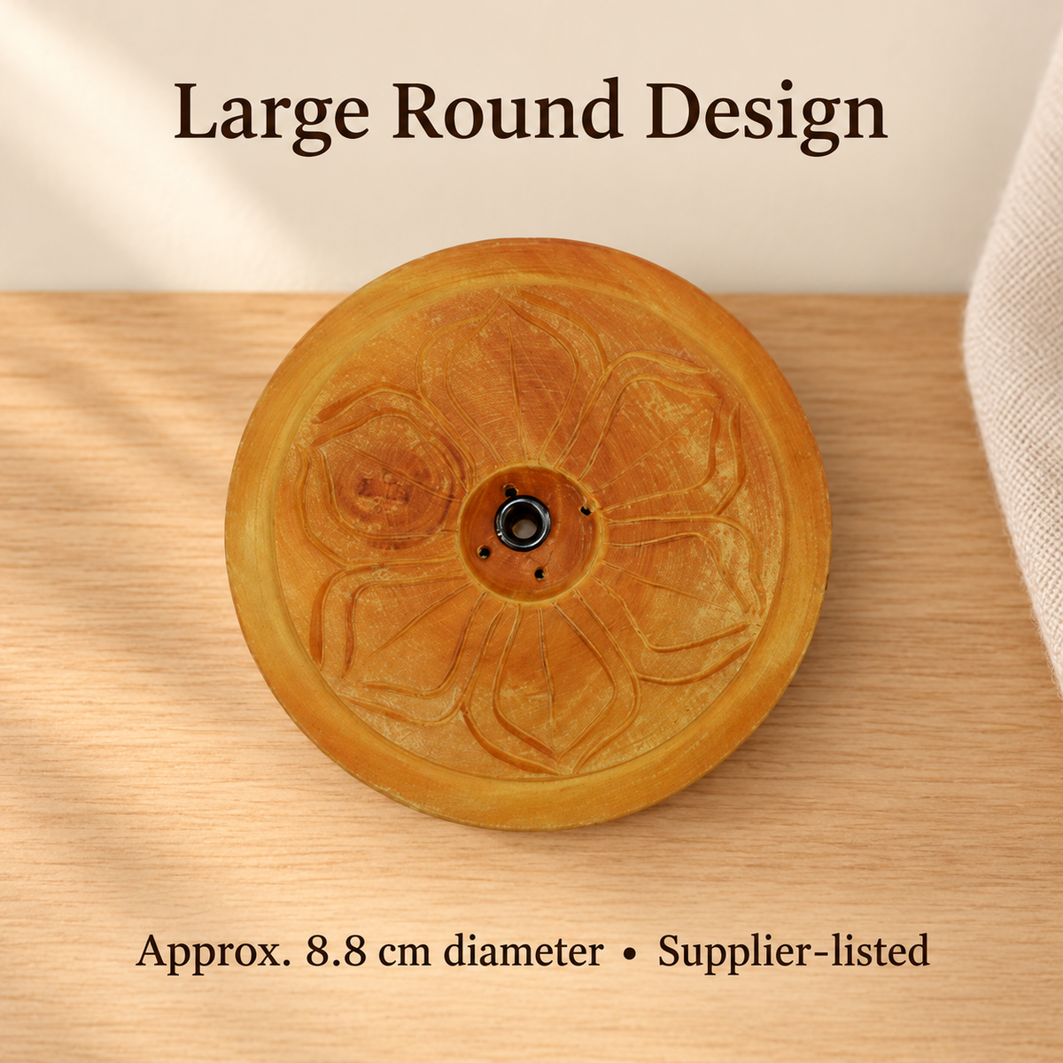 Carved Petal Wooden Incense Holder — Large Round, 5 mm Hole | product-04