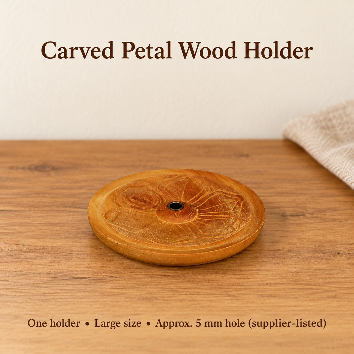Carved Petal Wooden Incense Holder — Large Round, 5 mm Hole | variant-01