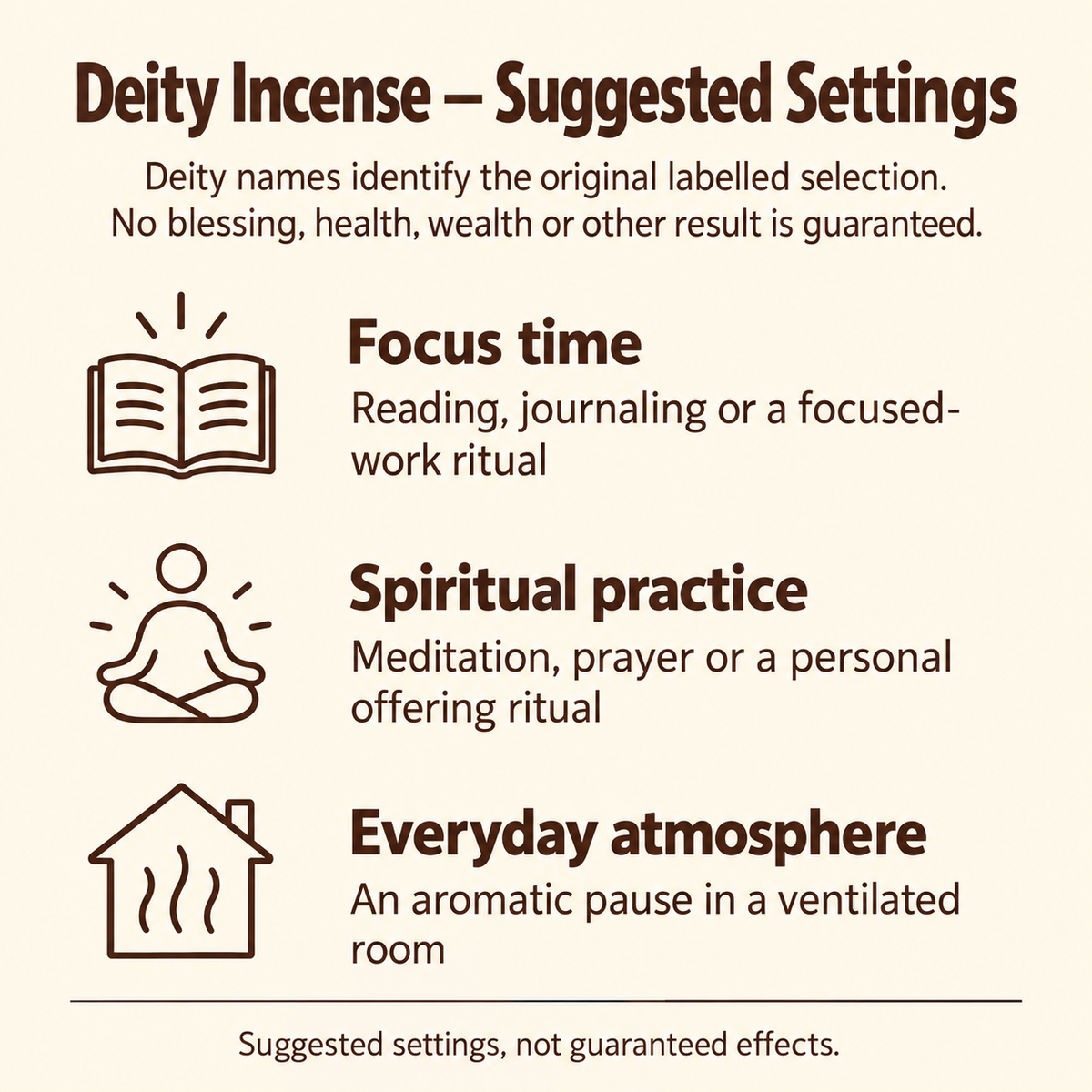 Deity incense focus, spiritual practice and everyday suggested settings