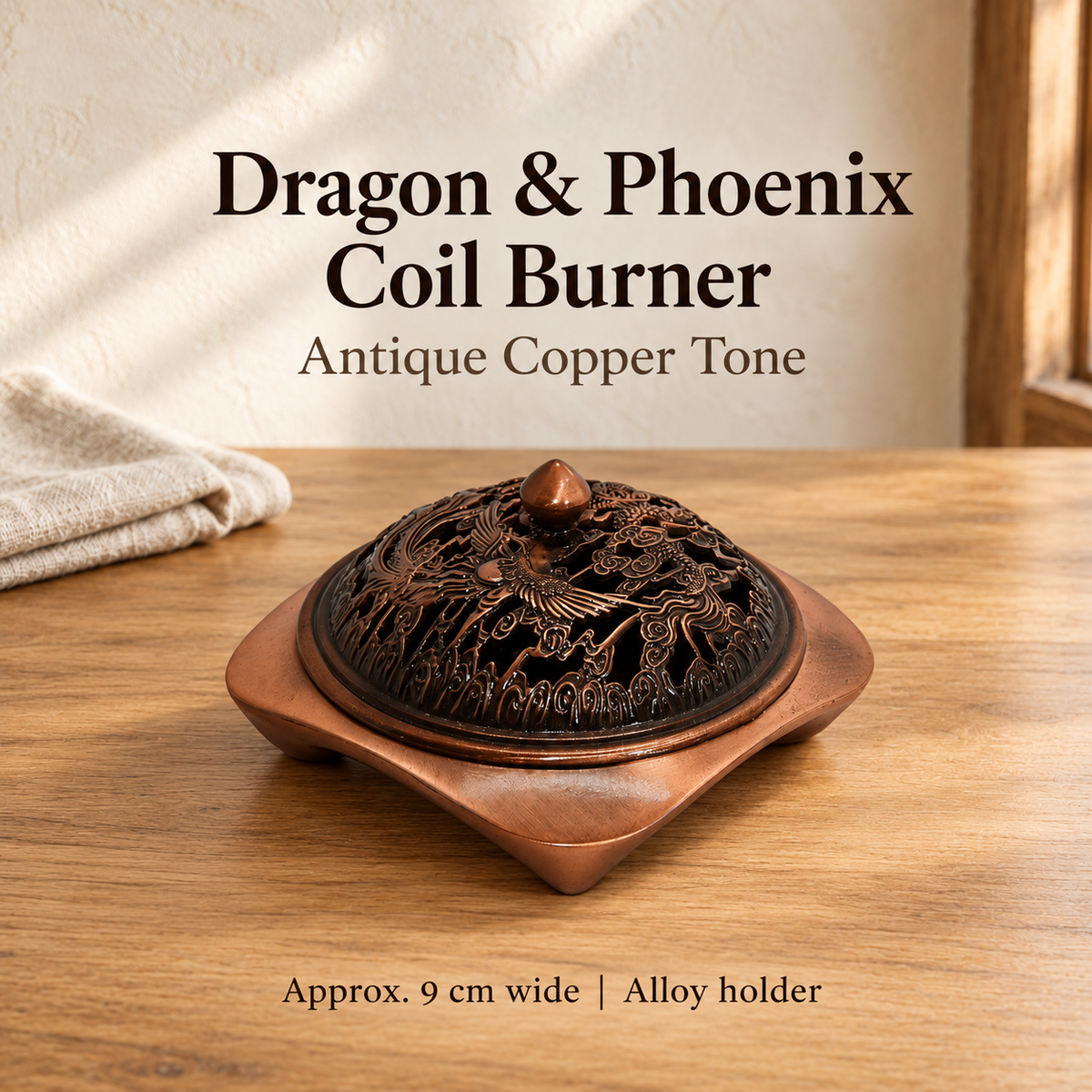 Dragon & Phoenix Coil Burner — Antique Copper Tone