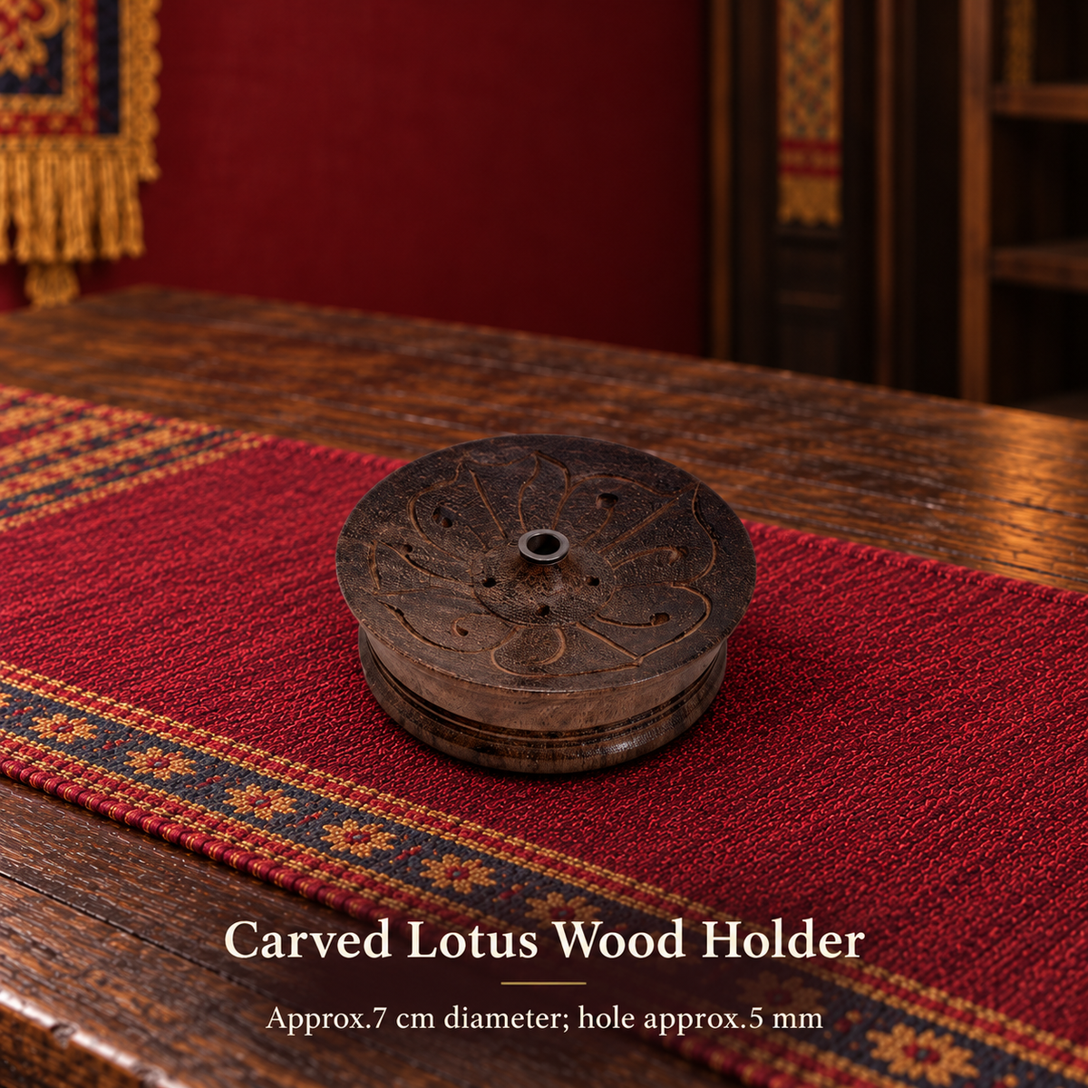 TB678859233451-04 | Carved Lotus Wood Holder | Approx.7 cm diameter; hole approx.5 mm