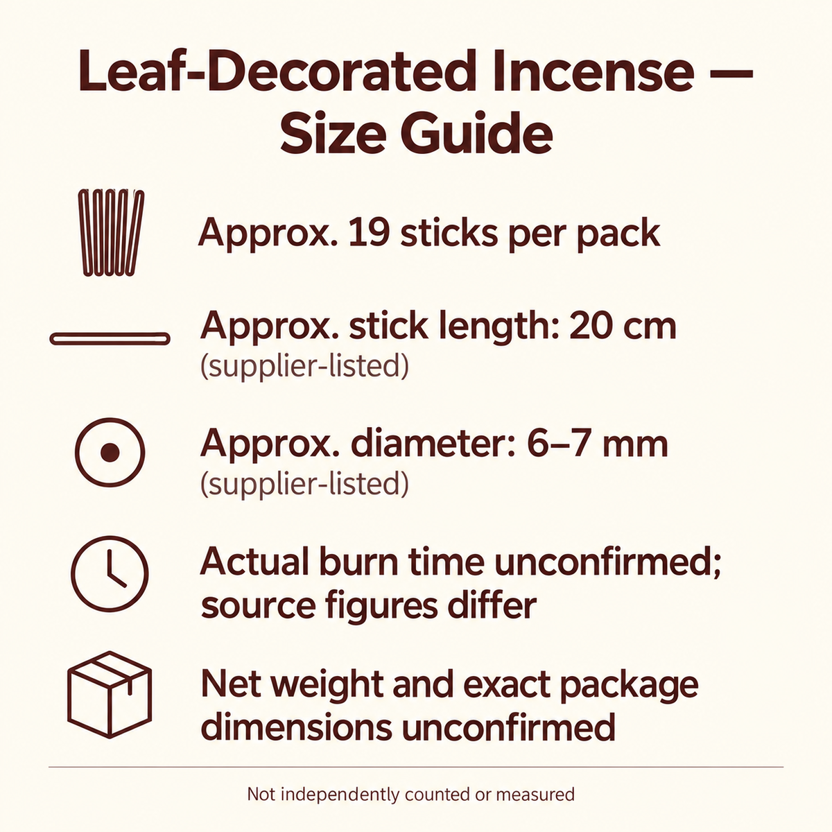 Leaf-decorated incense supplier-listed dimensions and unconfirmed burn time