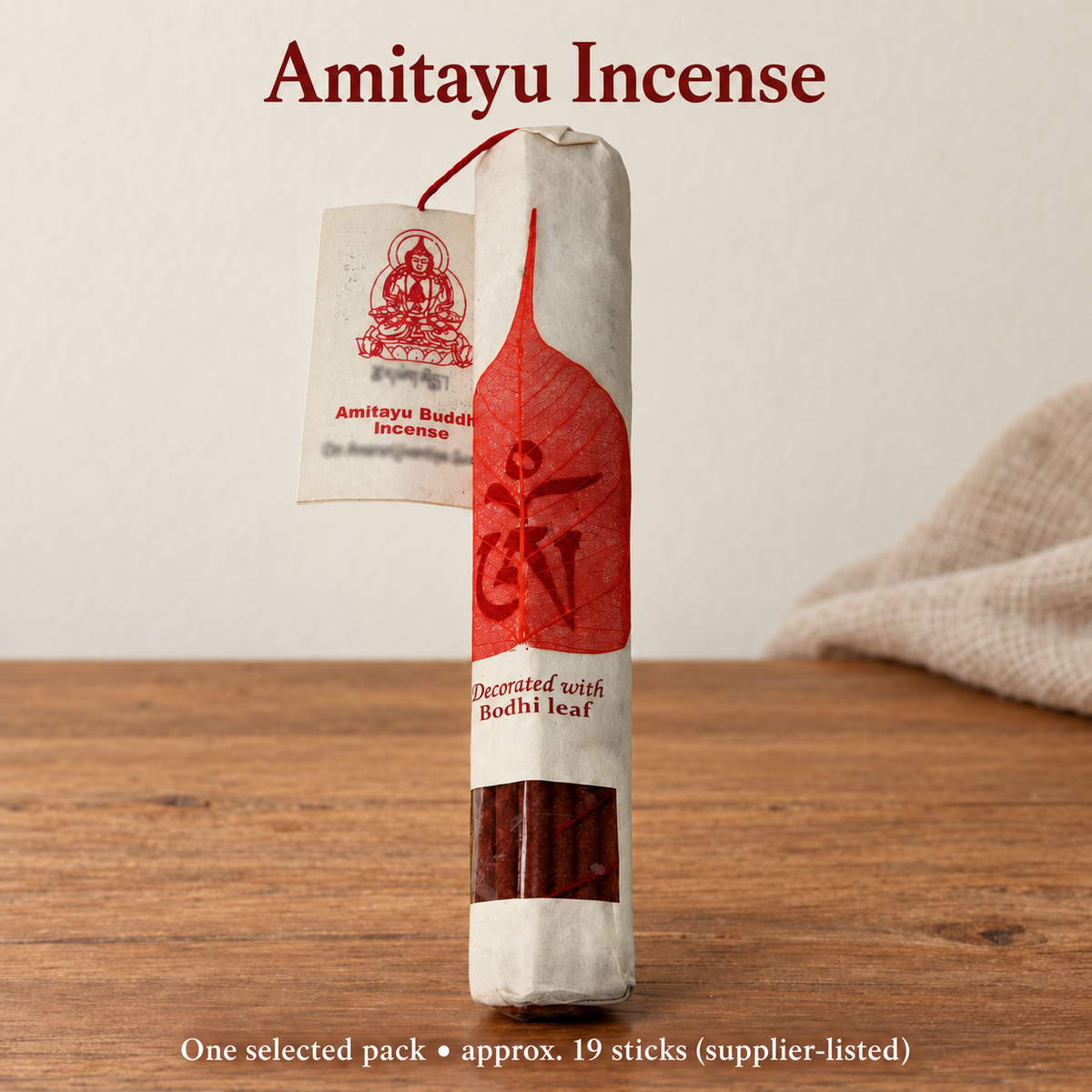 Amitayu leaf-decorated incense — one pack, approx.19sticks