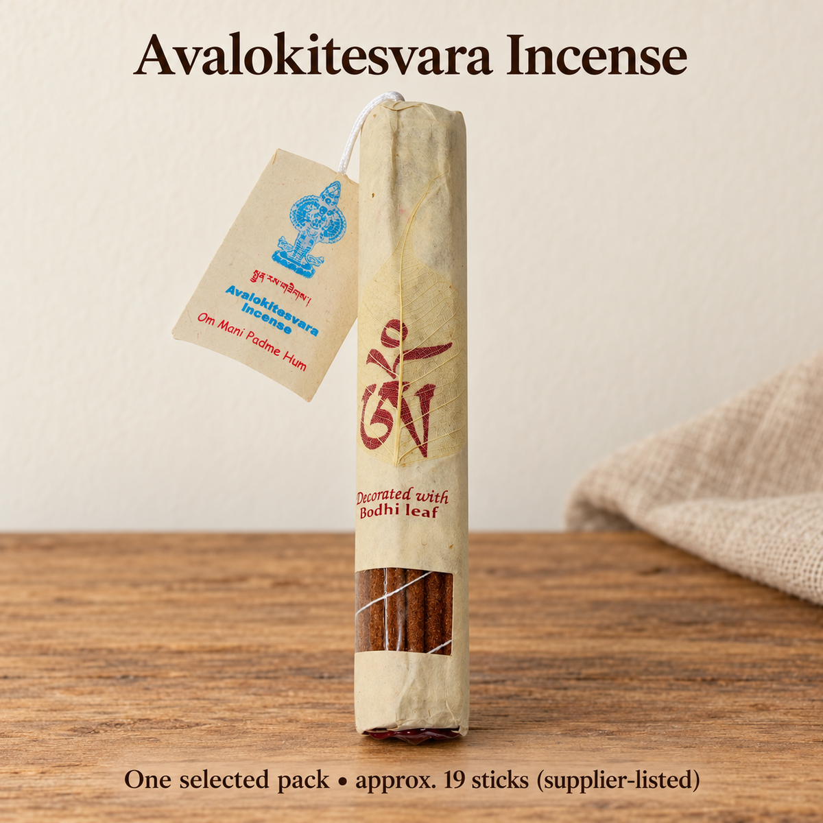 Avalokitesvara leaf-decorated incense — one pack, approx.19sticks