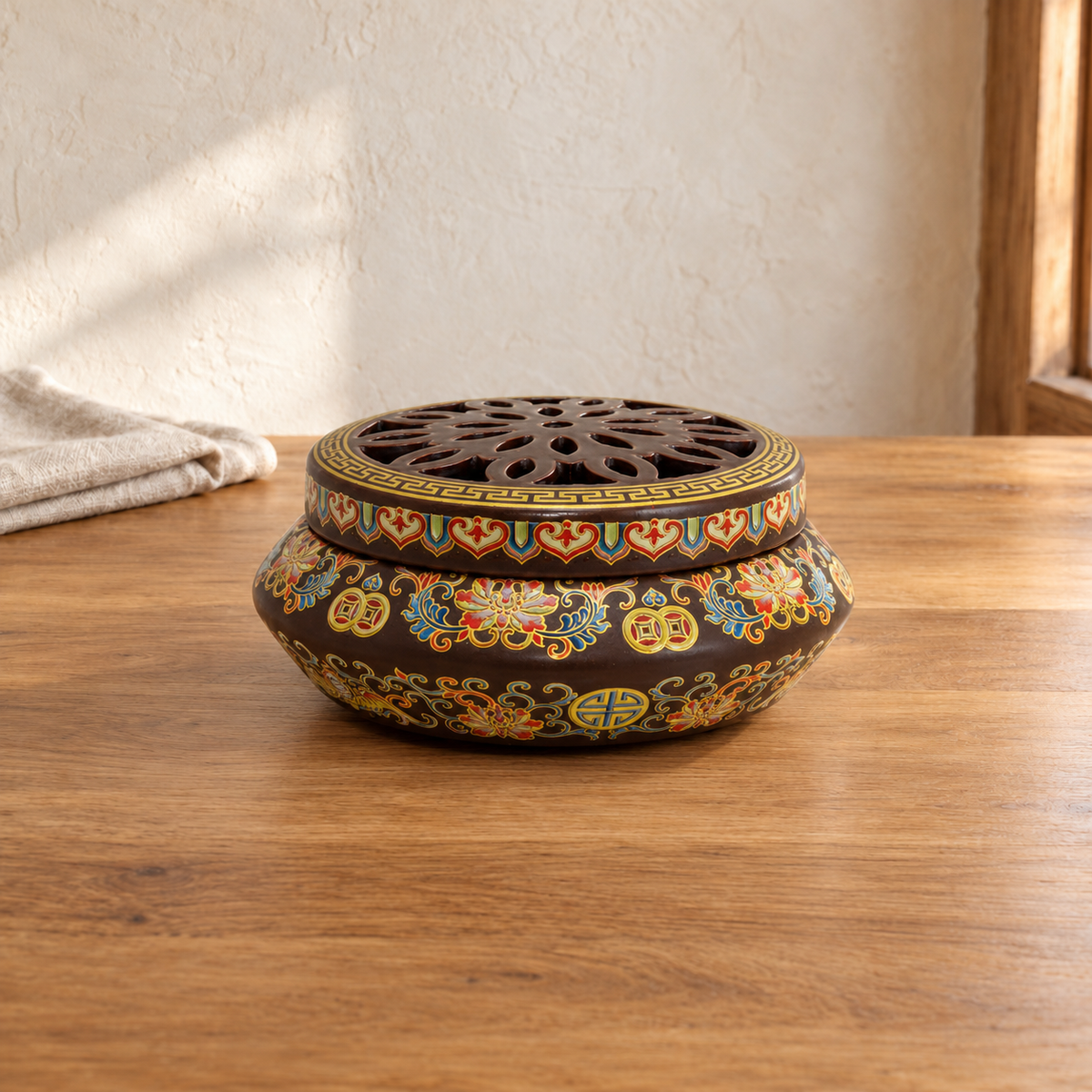 Decorative ceramic incense burner — Flat Lid / Brown