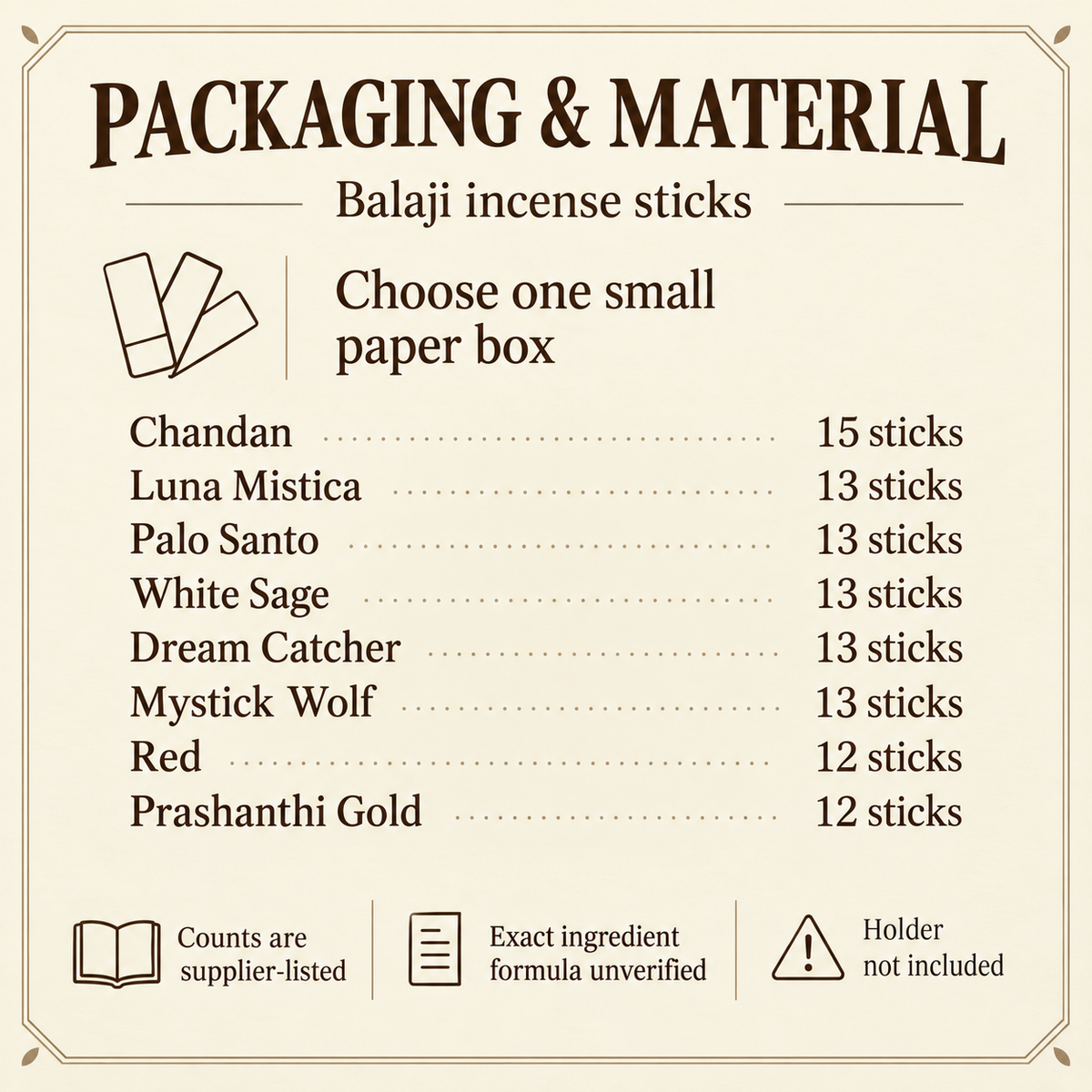Balaji Incense Sticks — Eight Fragrances, Individual Small Boxes — pack