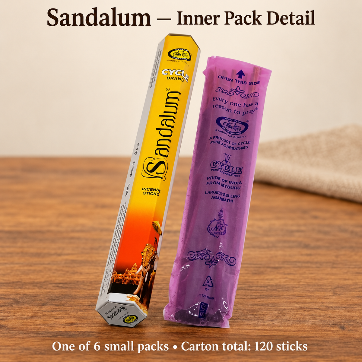 Cycle Brand Sandalum inner pack and original purple wrapper, one of 6 inner packs in the 120-stick carton