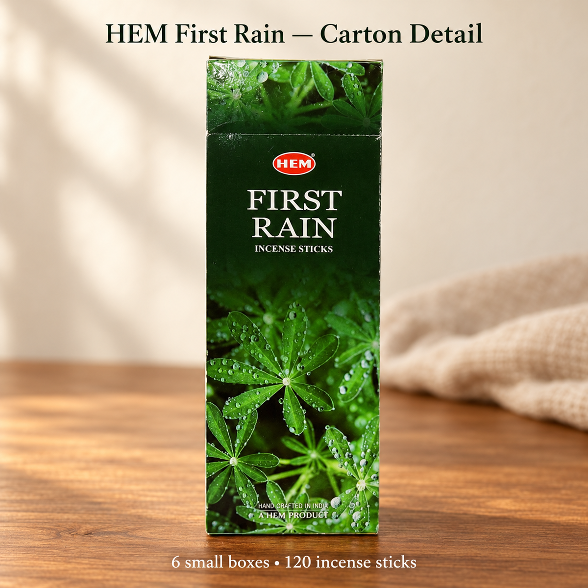 HEM First Rain Incense Sticks — Small Box or 120-Stick Carton — carton-detail
