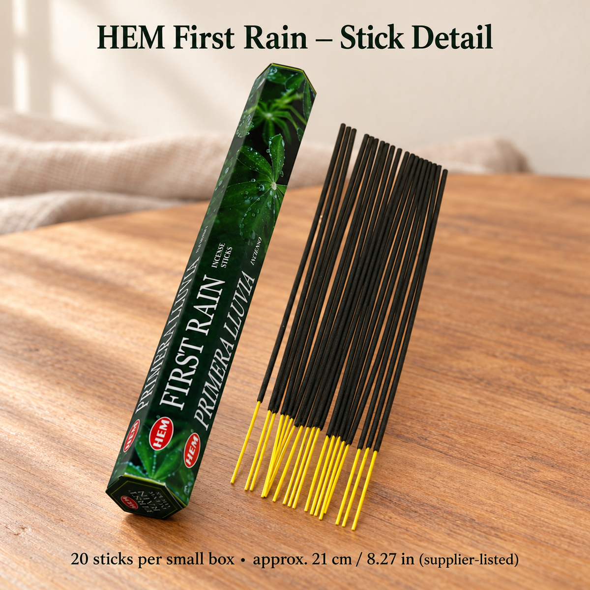 HEM First Rain Incense Sticks — Small Box or 120-Stick Carton — sticks-detail