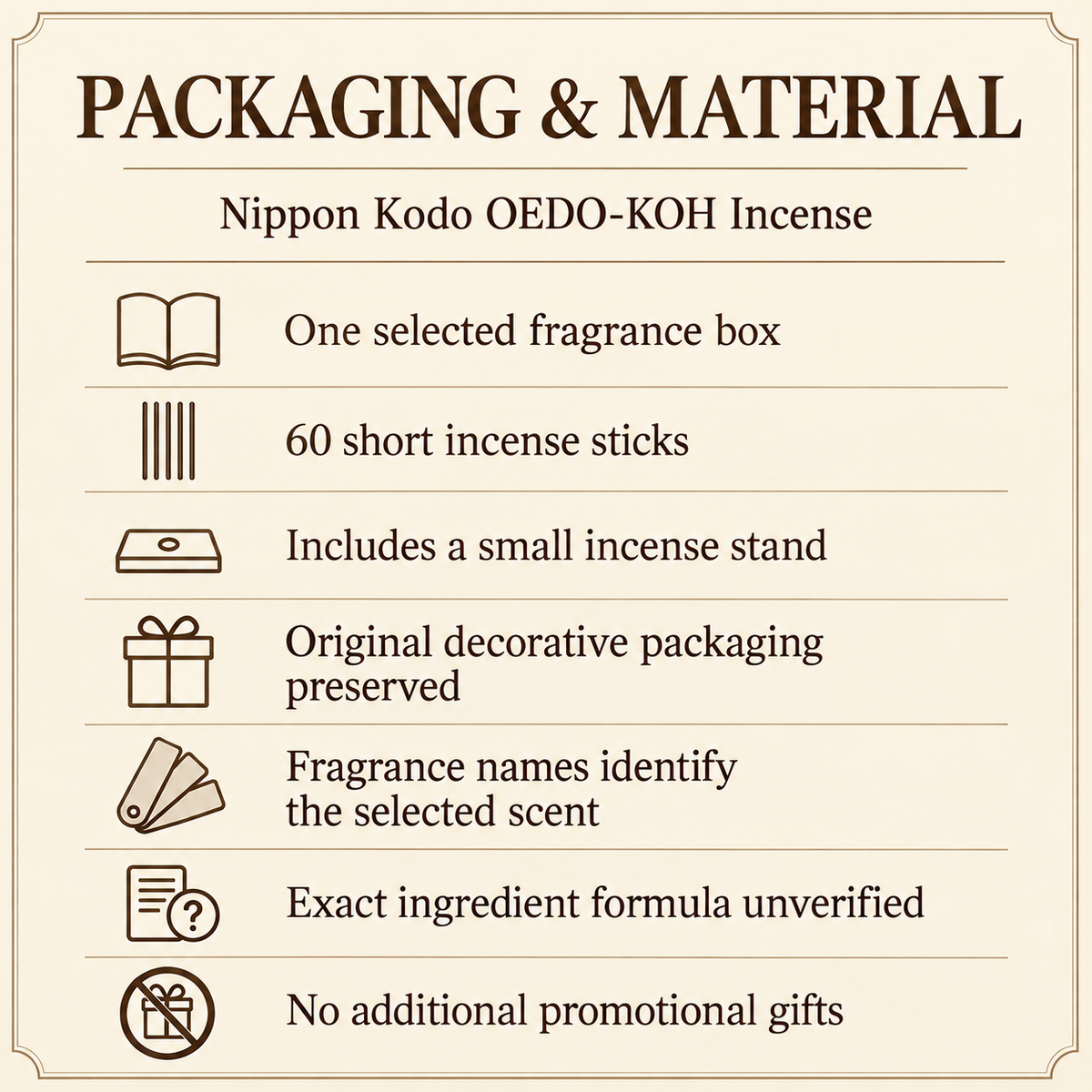 Nippon Kodo OEDO-KOH Incense — Six Fragrances, 60-Stick Boxes — pack