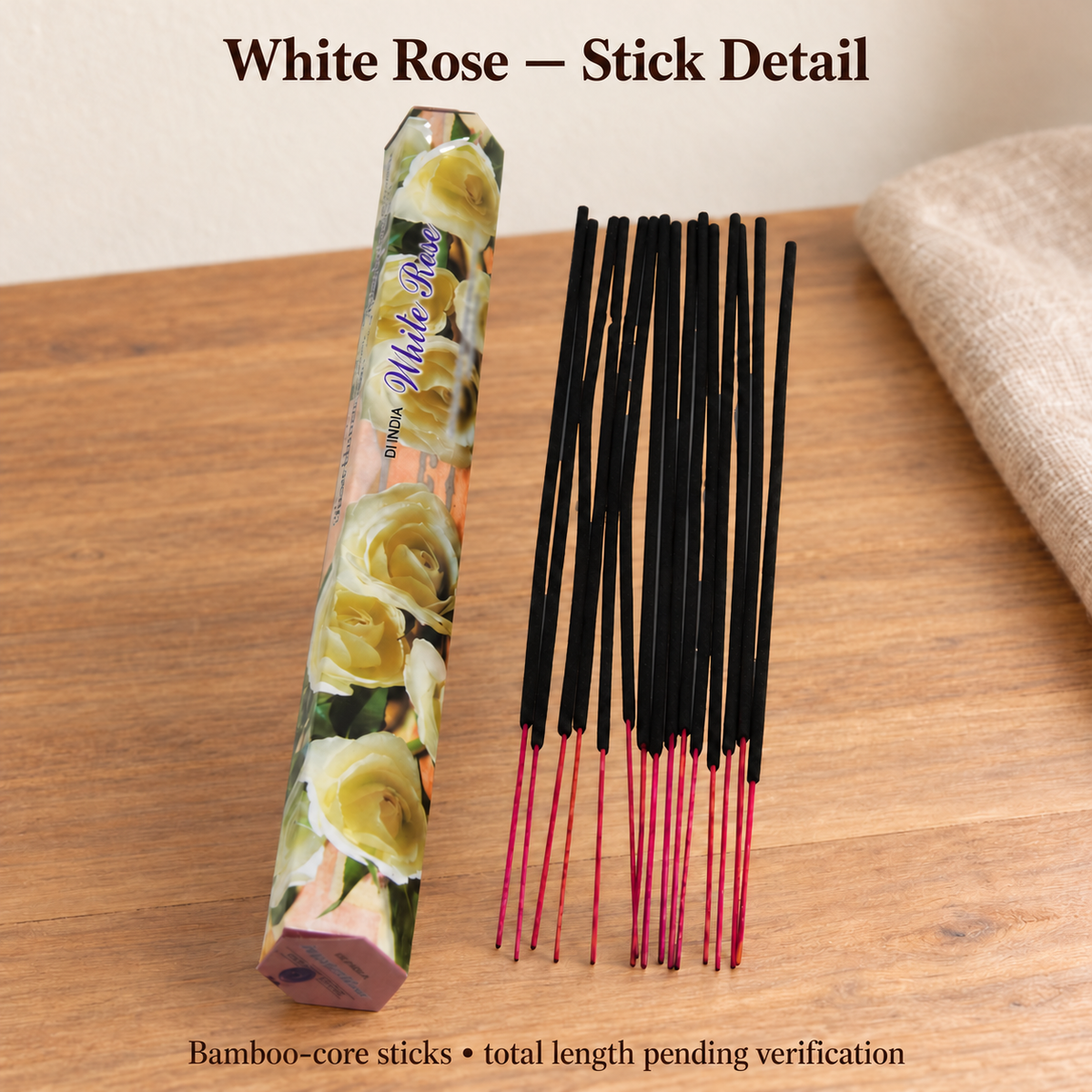 Actual White Rose bamboo-core incense stick detail, total length unconfirmed