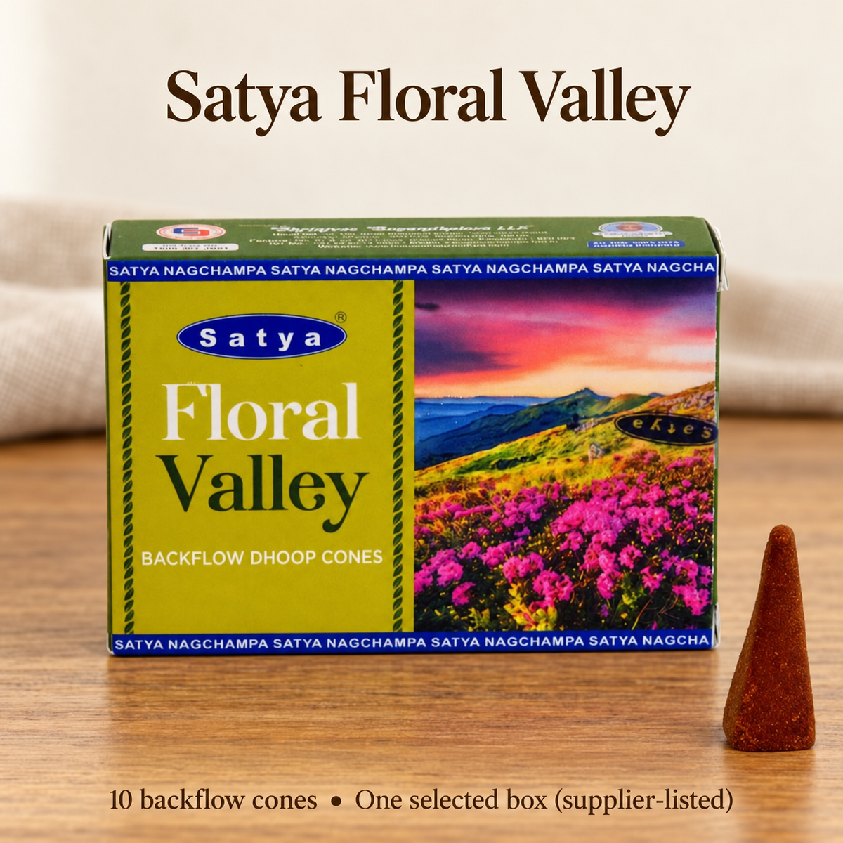 Satya Backflow Dhoop Cones — 24 Fragrance Selections, 10 per Small Box | variant-22