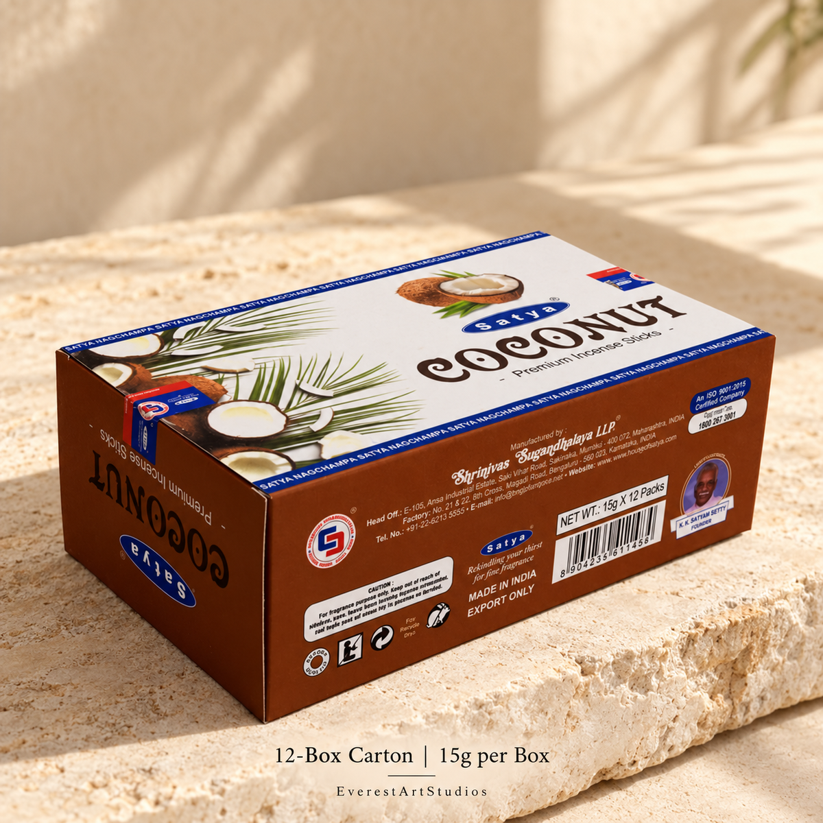 SATYA Coconut incense — carton containing twelve 15g boxes