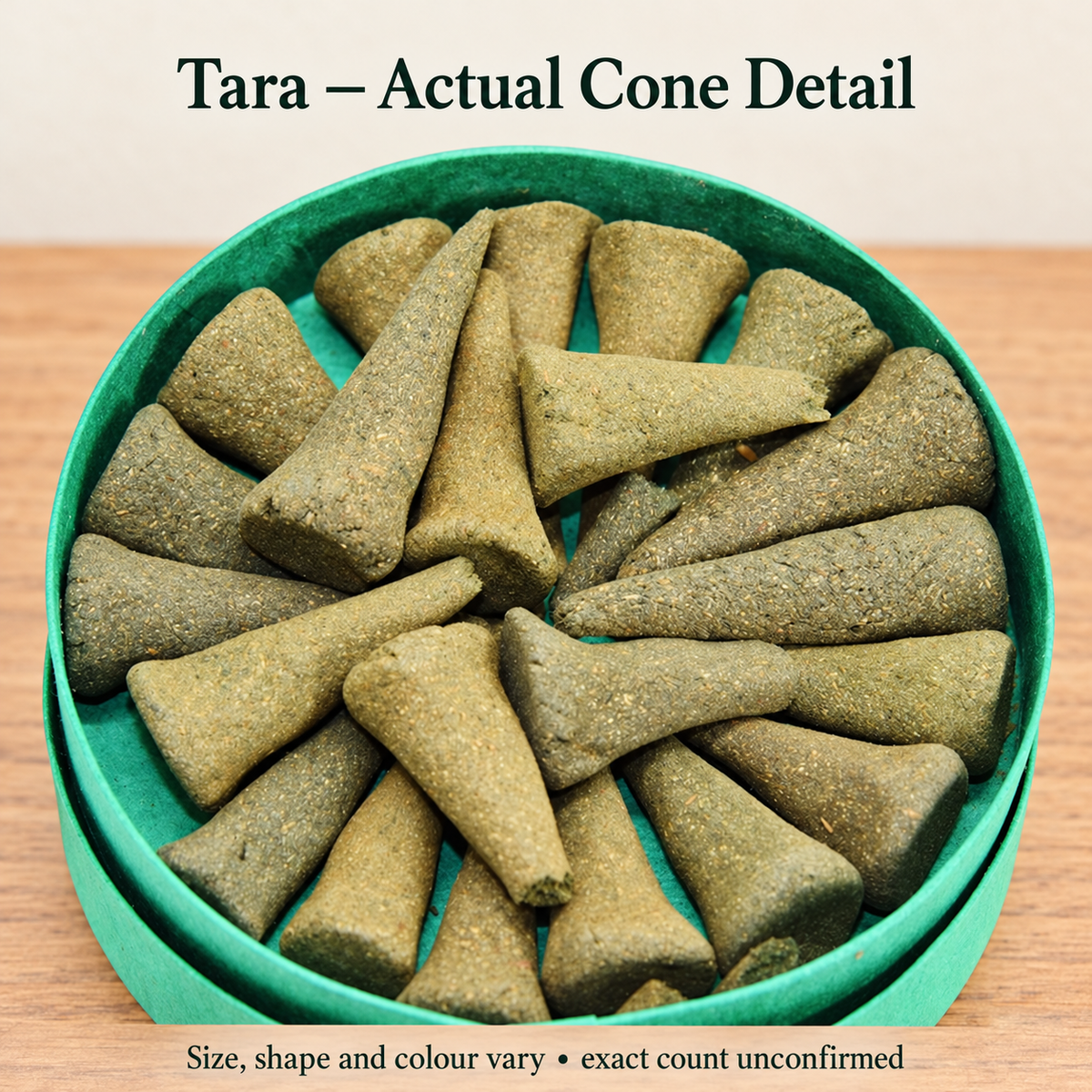 Actual irregular Tara cone incense inside original green roundbox