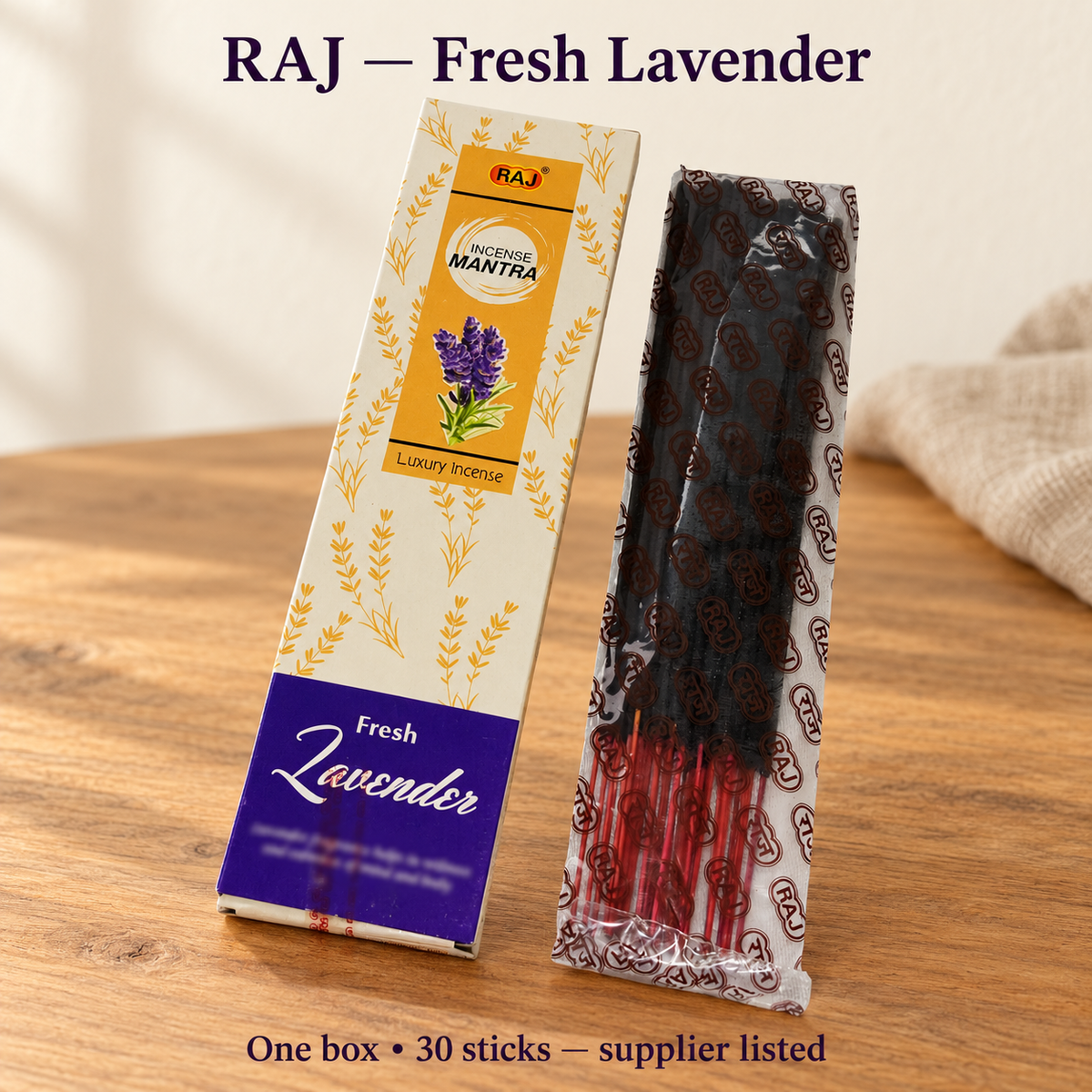 RAJ Fresh Lavender original box and matching inner bag, 30 sticks