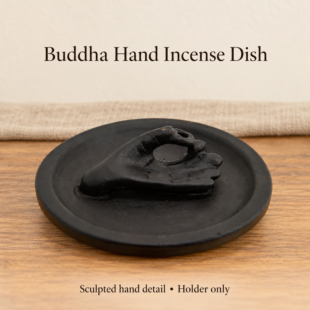 Black Ceramic Buddha Hand Incense Dish — Approx.12 cm Holder | product-02