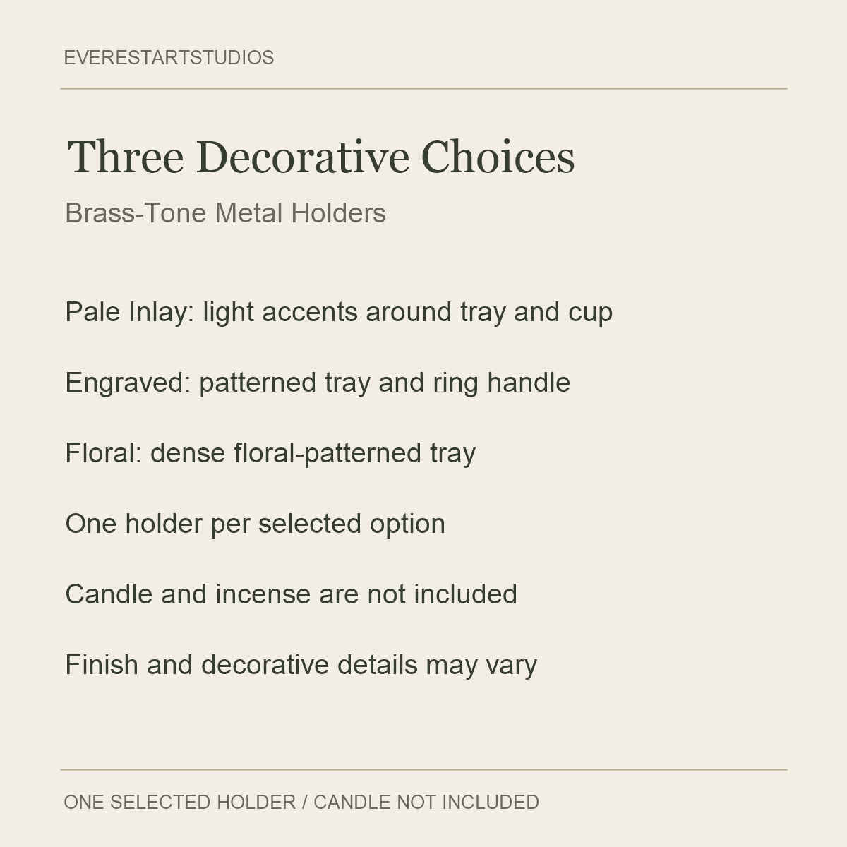 Brass-Tone Tray Candle Holders — Three Decorative Choices