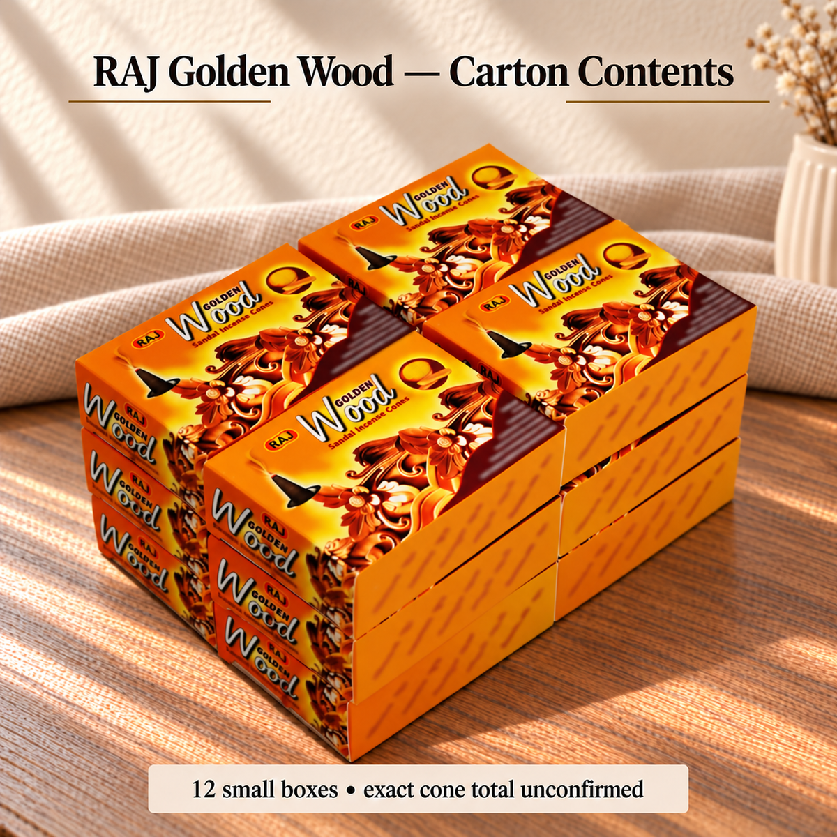 TB7712077800 | RAJ Golden Wood — Carton Contents | 12 small boxes • exact cone total unconfirmed