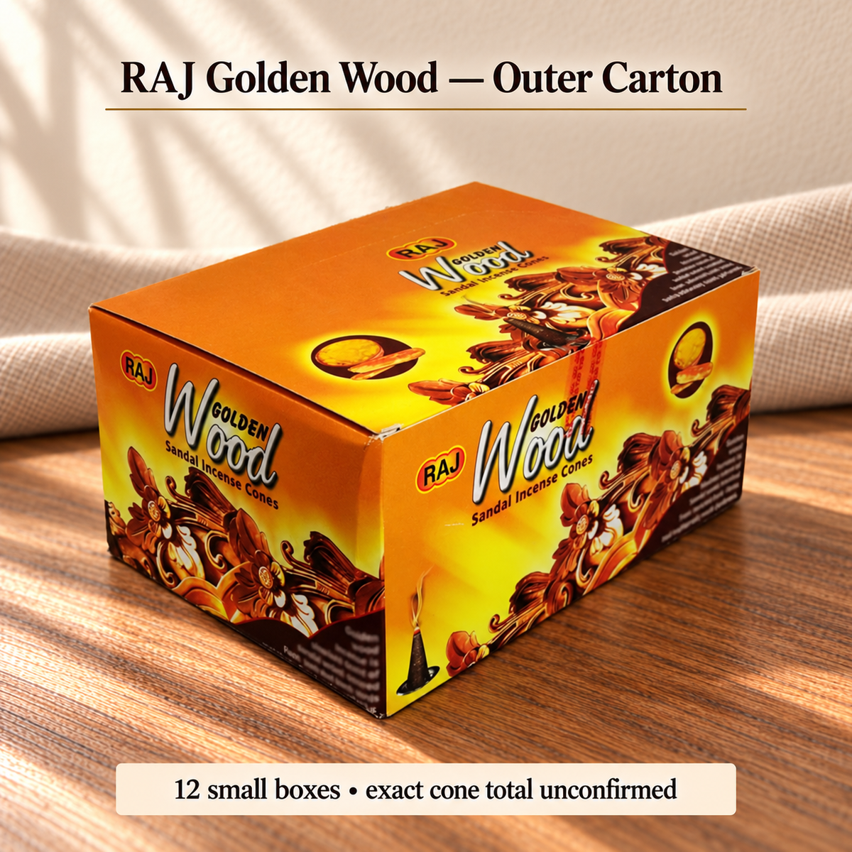TB7712077800 | RAJ Golden Wood — Outer Carton | 12 small boxes • exact cone total unconfirmed