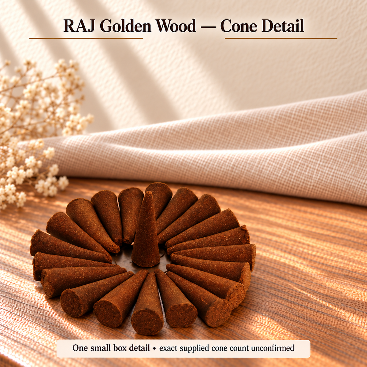 TB7712077800 | RAJ Golden Wood — Cone Detail | One small box detail • exact supplied cone count unconfirmed