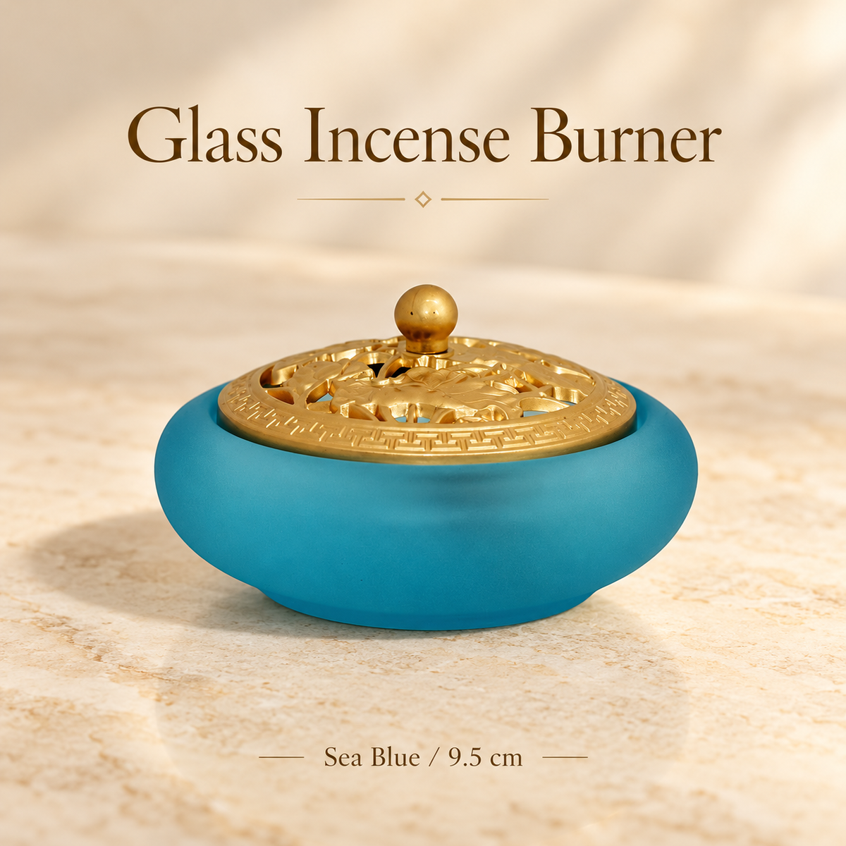 Glass Incense Burners — Lotus & Lidded Styles — Sea Blue / 9.5 cm