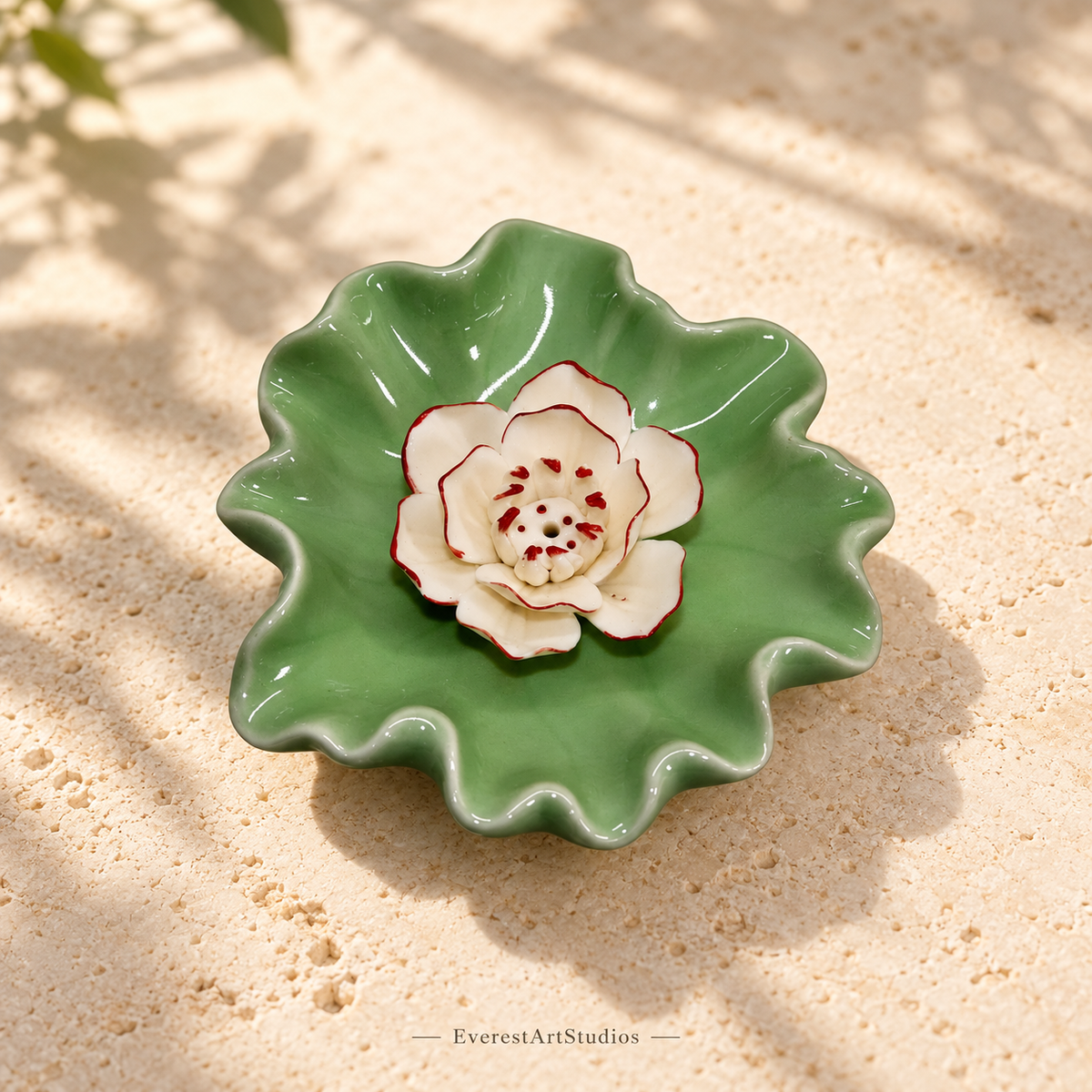 Green ceramic lotus-leaf incense dish with removable cream lotus flower