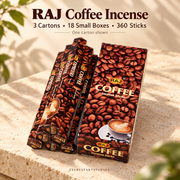 RAJ Coffee three-carton order,18smallboxes360sticks; onecartonshownaspackagingreference