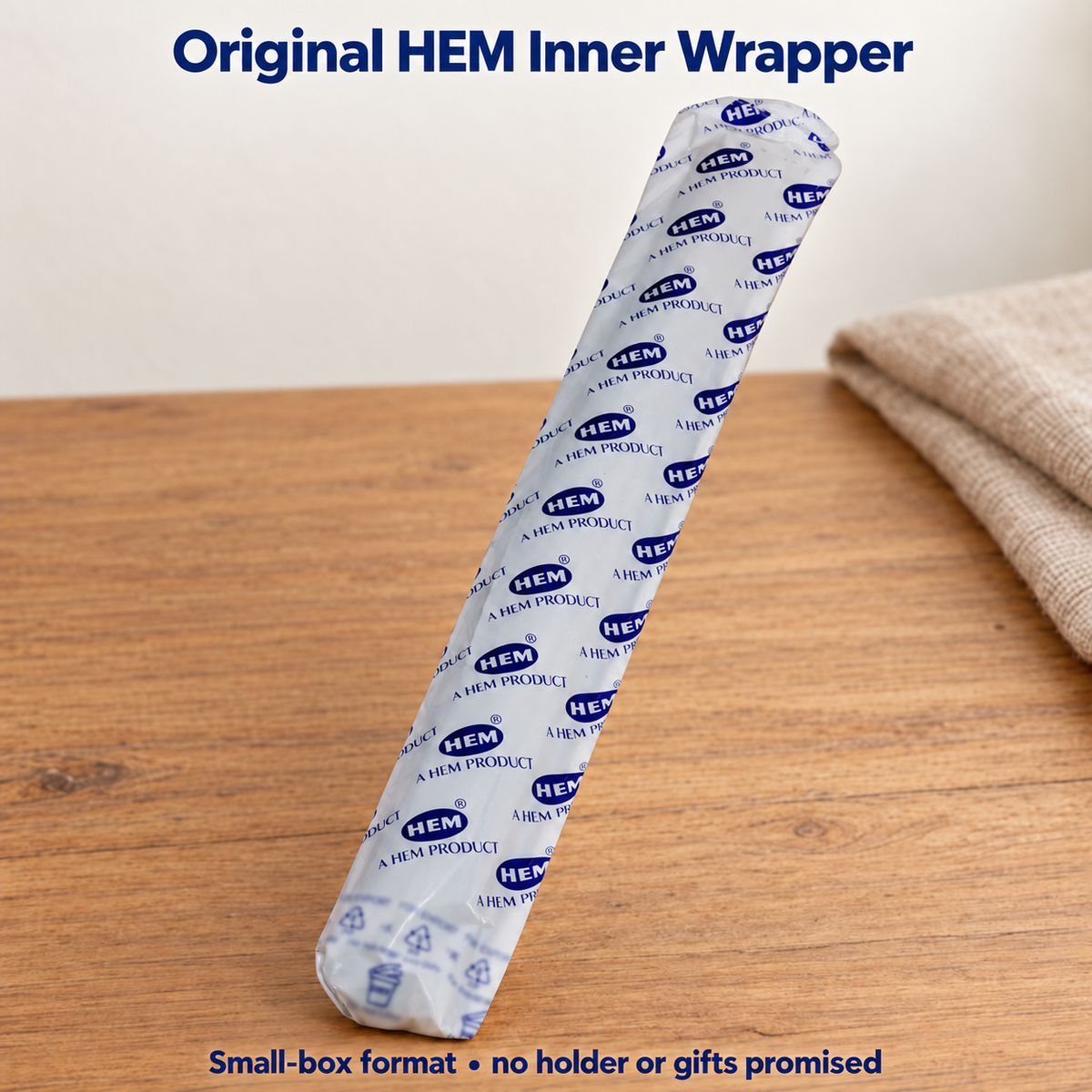 Actual white inner wrapper with repeated blue HEM brand print