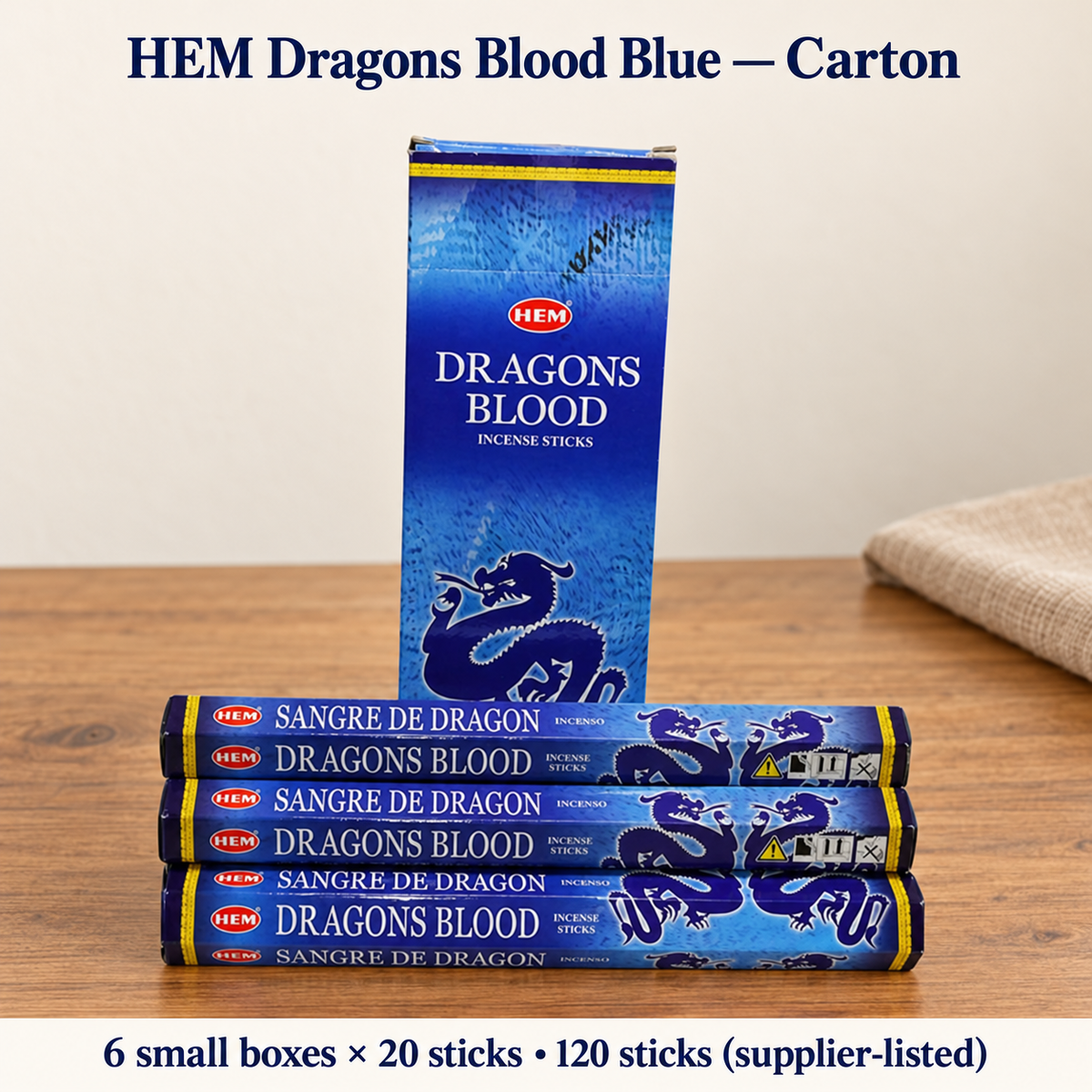 Original blue outer carton and photographed inner box reference, source carton six boxes total 120 sticks
