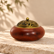 Round wood incense burner with gold-tone pierced dragon and phoenix lid