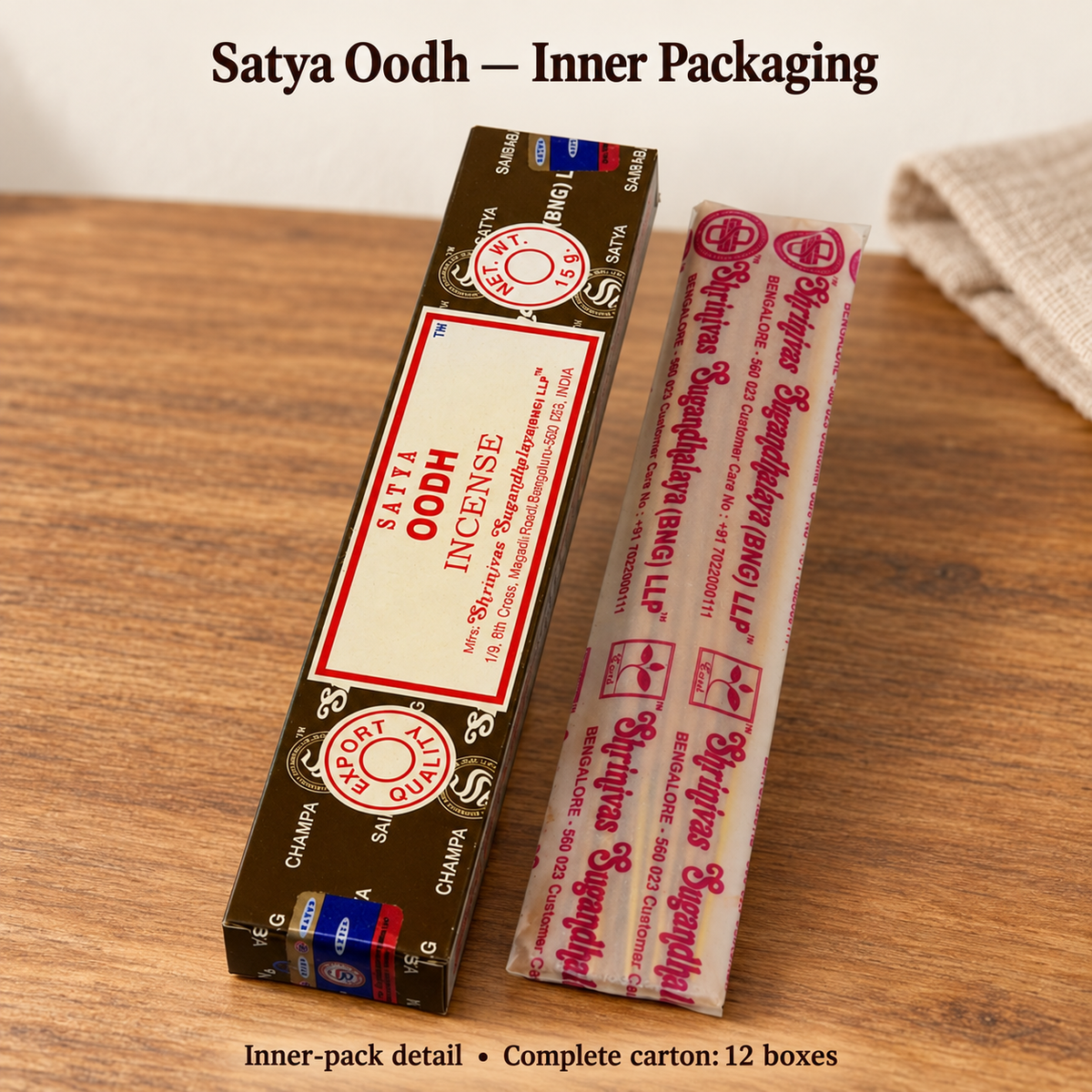 Satya Oodh carton — actual 15 g inner box and manufacturer paper wrapping, one of twelve inner boxes